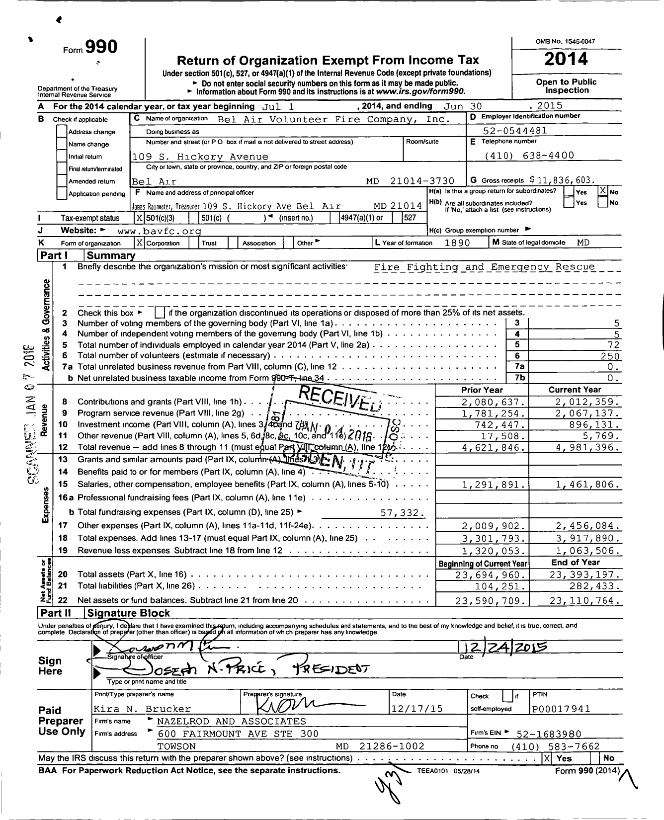Image of first page of 2014 Form 990 for Bel Air Volunteer Fire Company