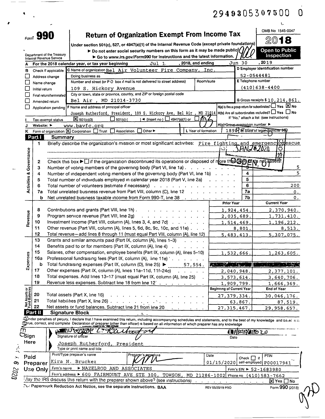 Image of first page of 2018 Form 990 for Bel Air Volunteer Fire Company