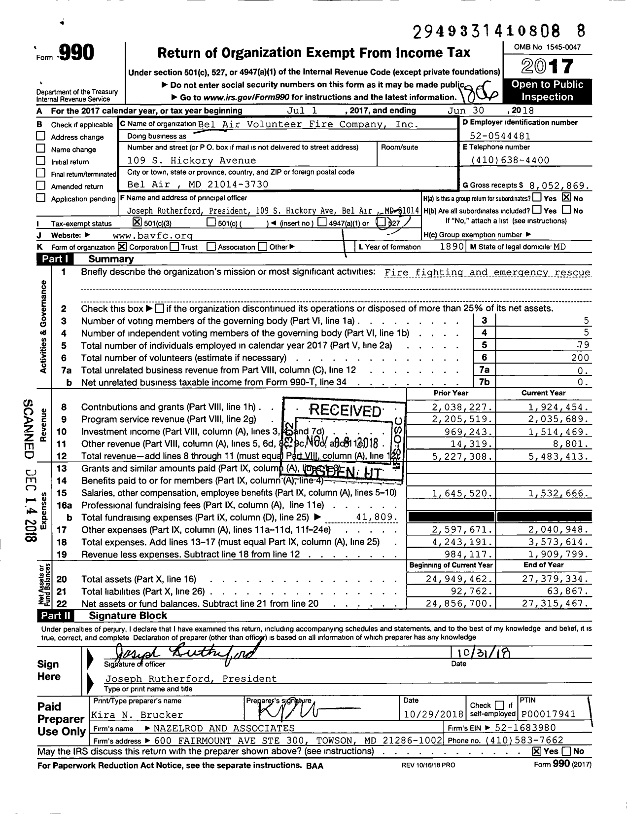 Image of first page of 2017 Form 990 for Bel Air Volunteer Fire Company