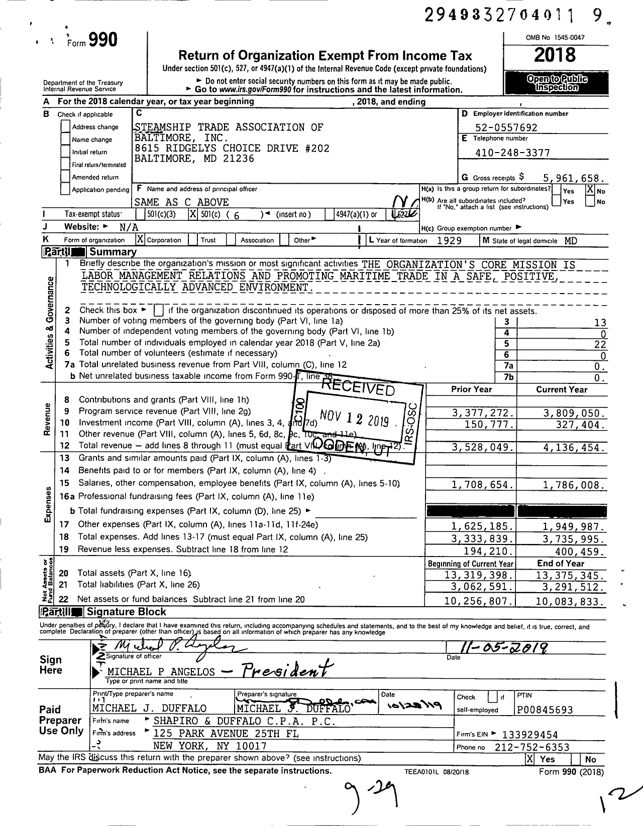 Image of first page of 2018 Form 990O for Steamship Trade Association of Baltimore