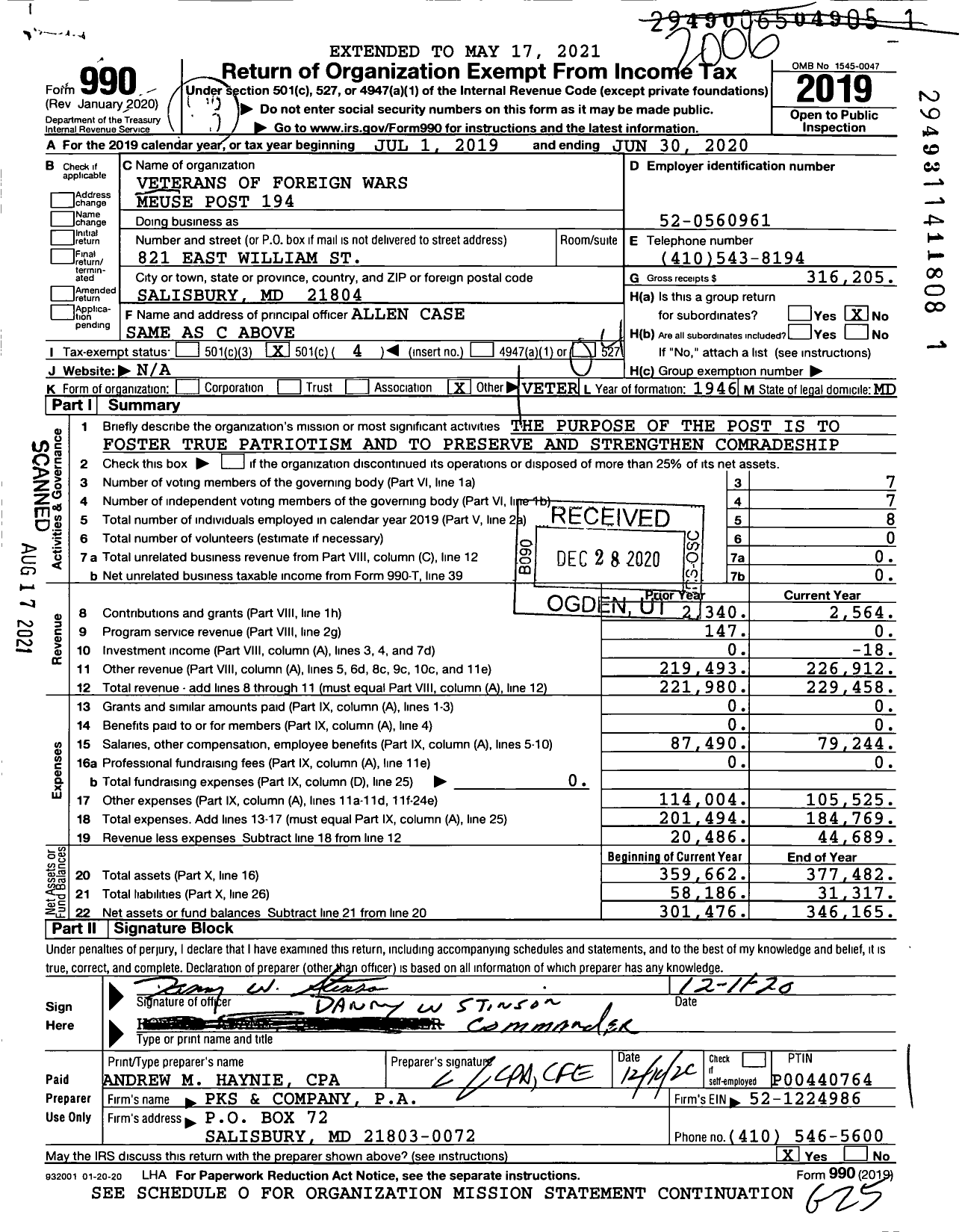 Image of first page of 2019 Form 990O for VFW Department of Maryland - 194 Meuse Post