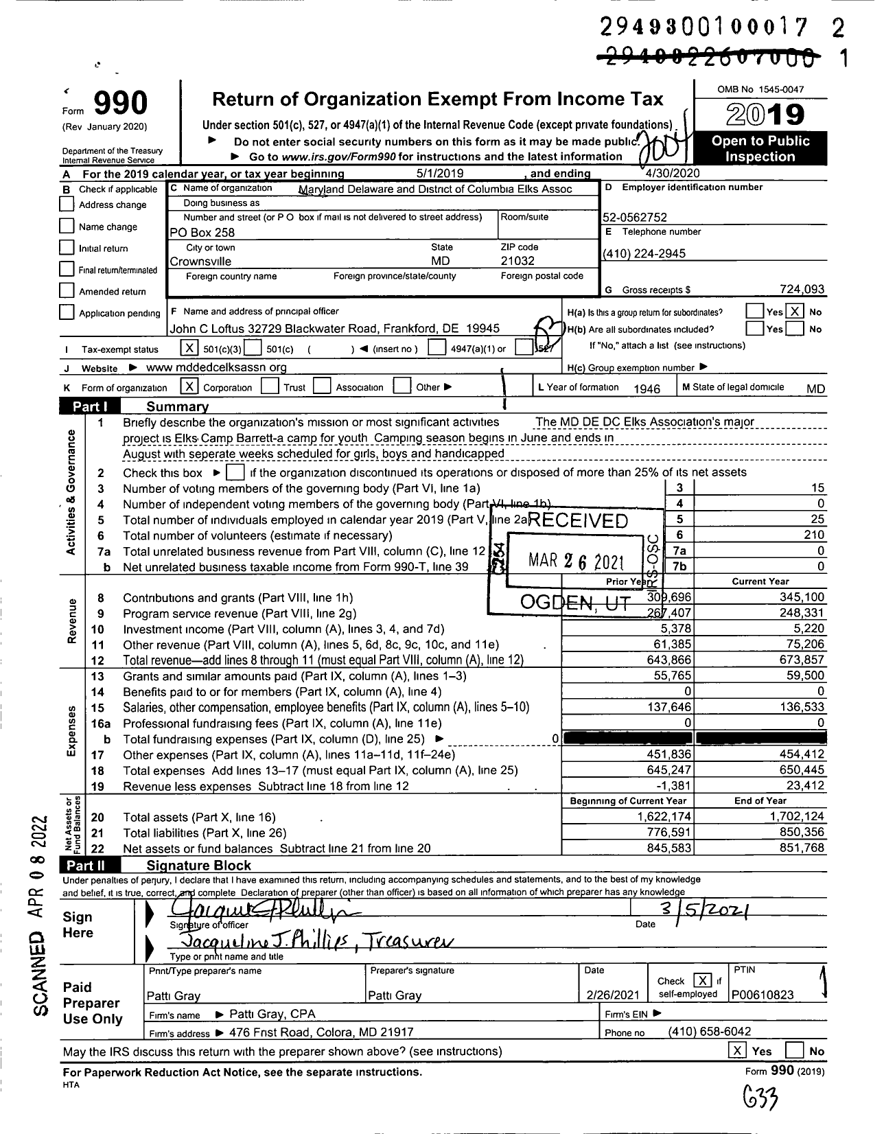 Image of first page of 2019 Form 990 for Maryland Delaware and District of Columbia Elks Assoc