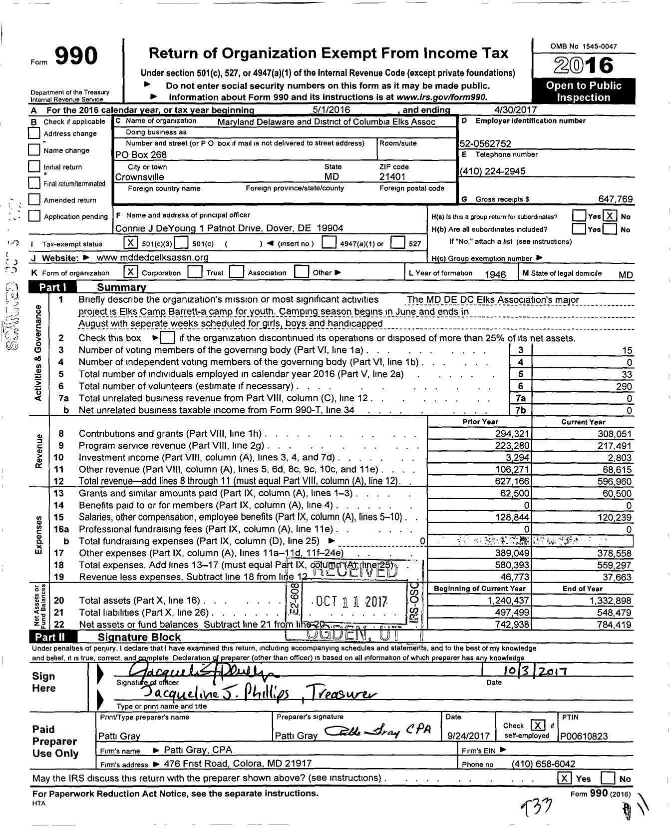 Image of first page of 2016 Form 990 for Maryland Delaware and District of Columbia Elks Assoc