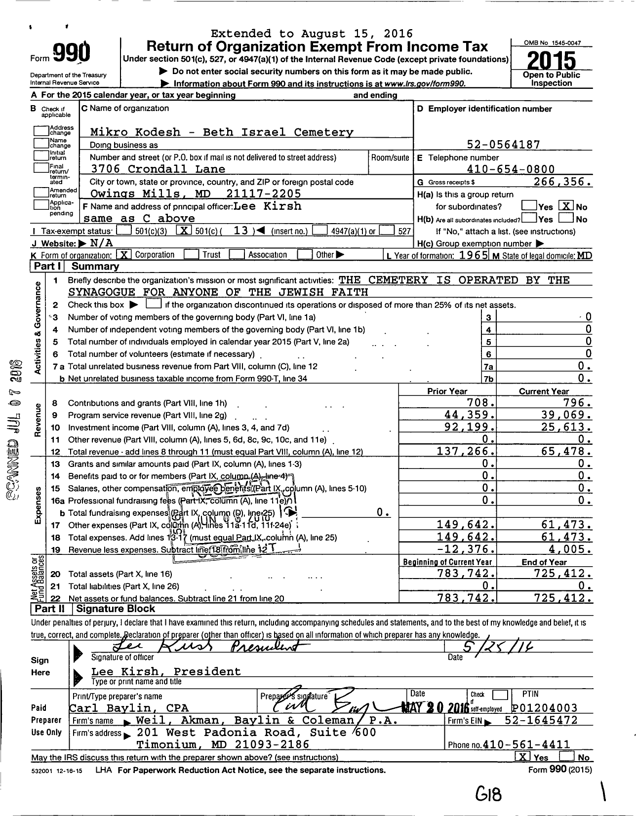 Image of first page of 2015 Form 990O for Mikro Kodesh - Beth Israel Cemetery