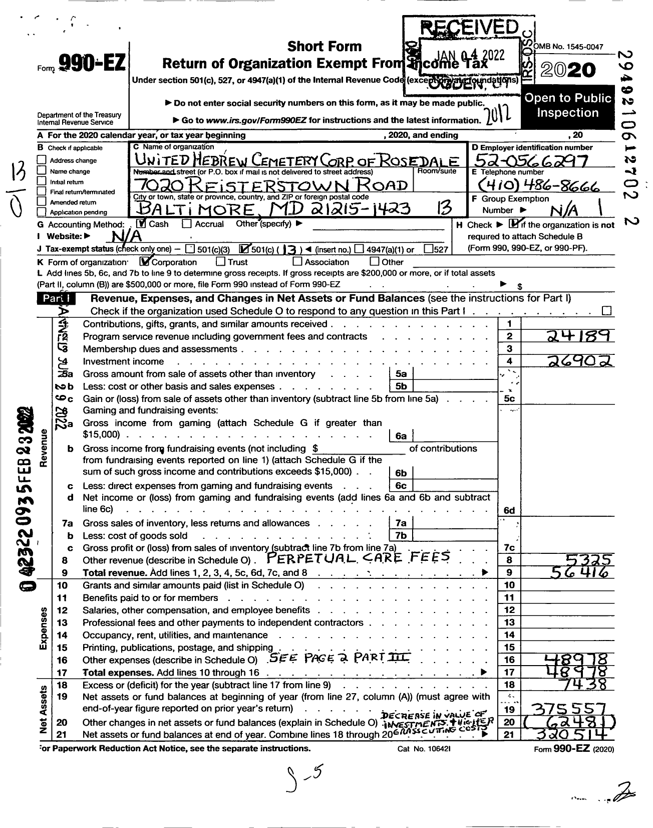 Image of first page of 2020 Form 990EO for United Hebrew Cemetery Rosedale