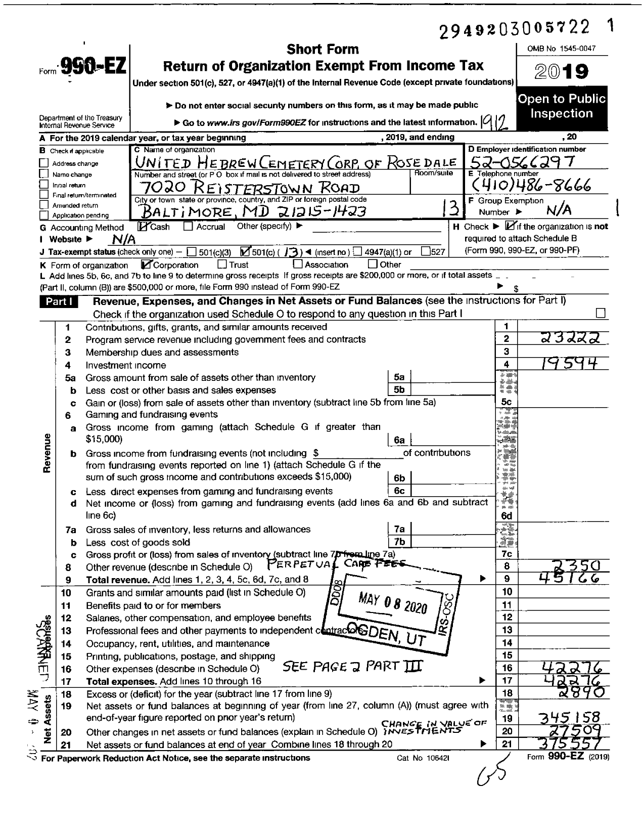 Image of first page of 2019 Form 990EO for United Hebrew Cemetery Rosedale