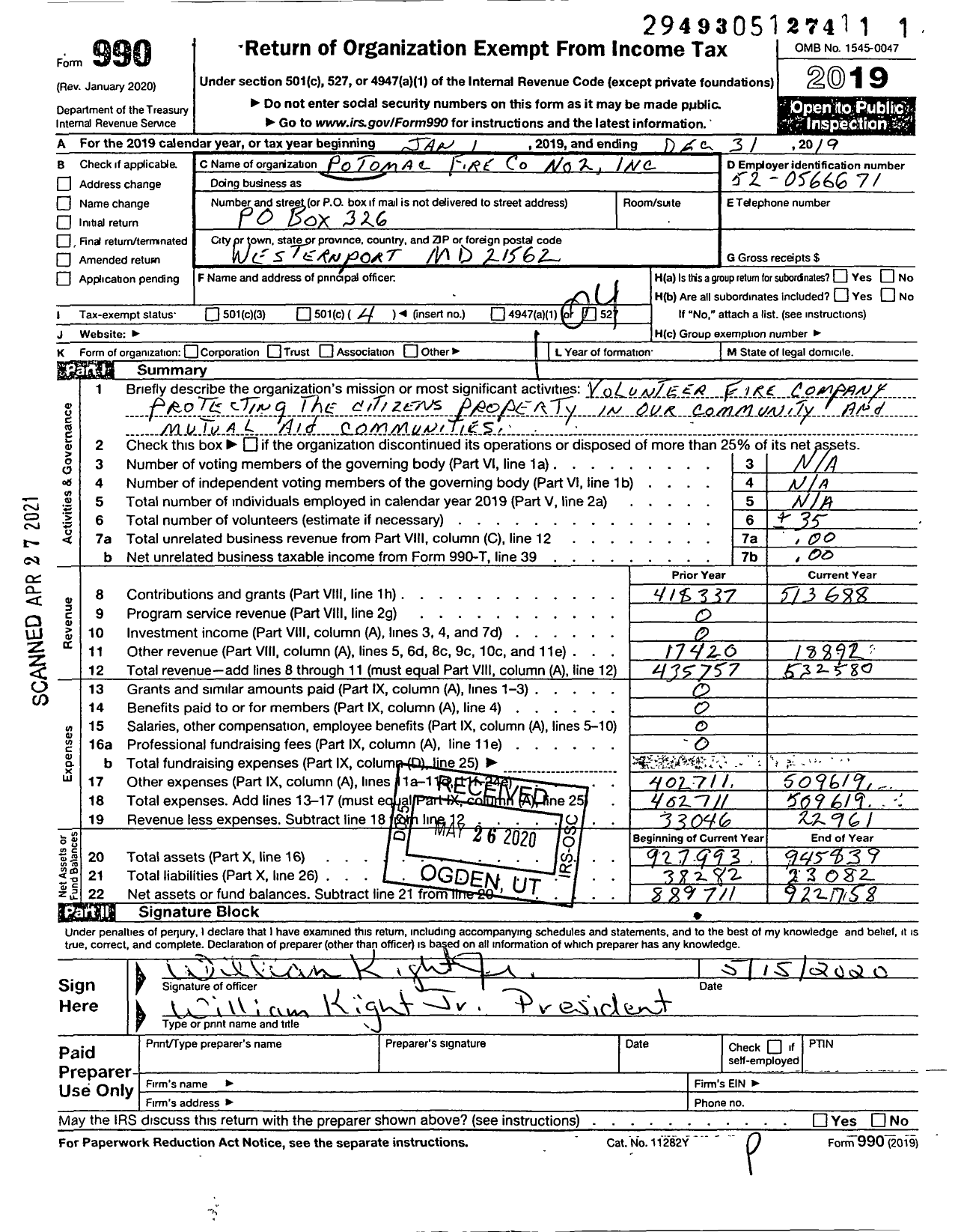 Image of first page of 2019 Form 990O for Potomac Fire Company No 2