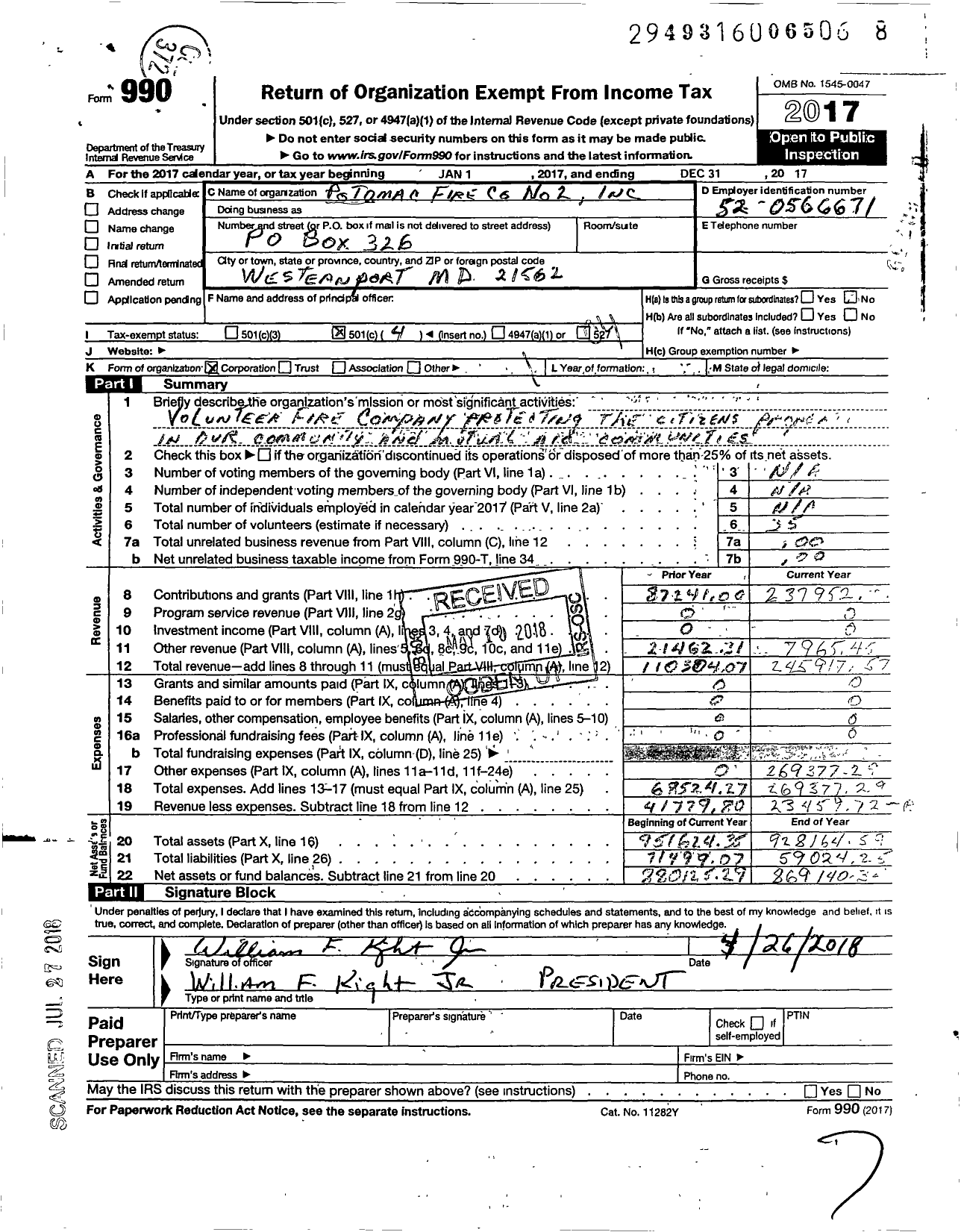 Image of first page of 2017 Form 990O for Potomac Fire Company No 2