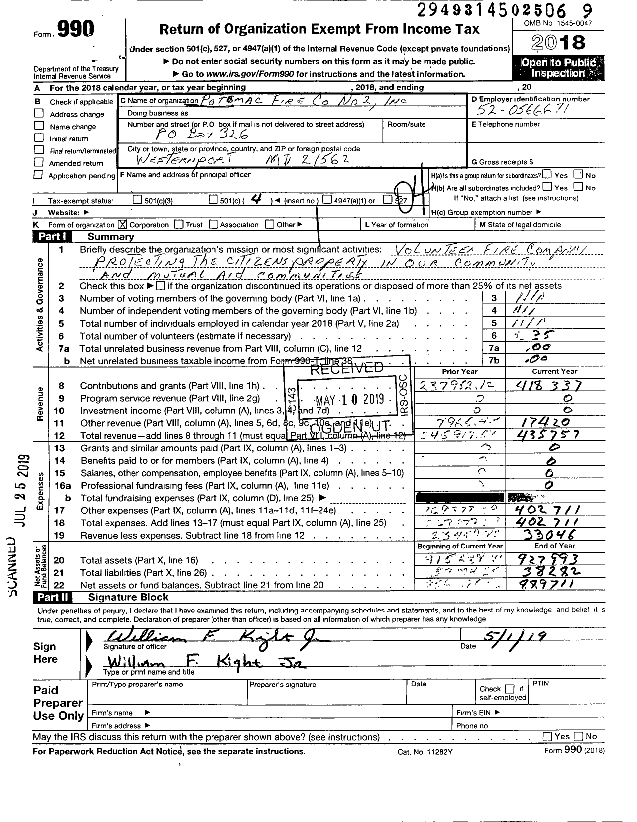 Image of first page of 2018 Form 990O for Potomac Fire Company No 2