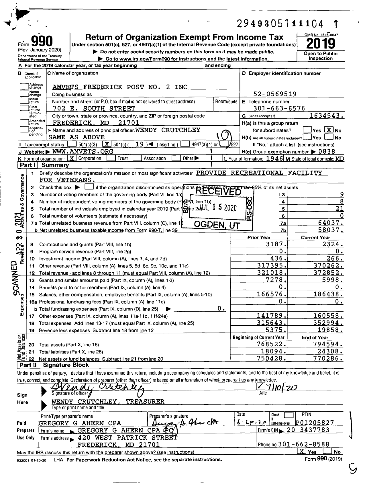 Image of first page of 2019 Form 990O for Amvets - Frederick Post No 2