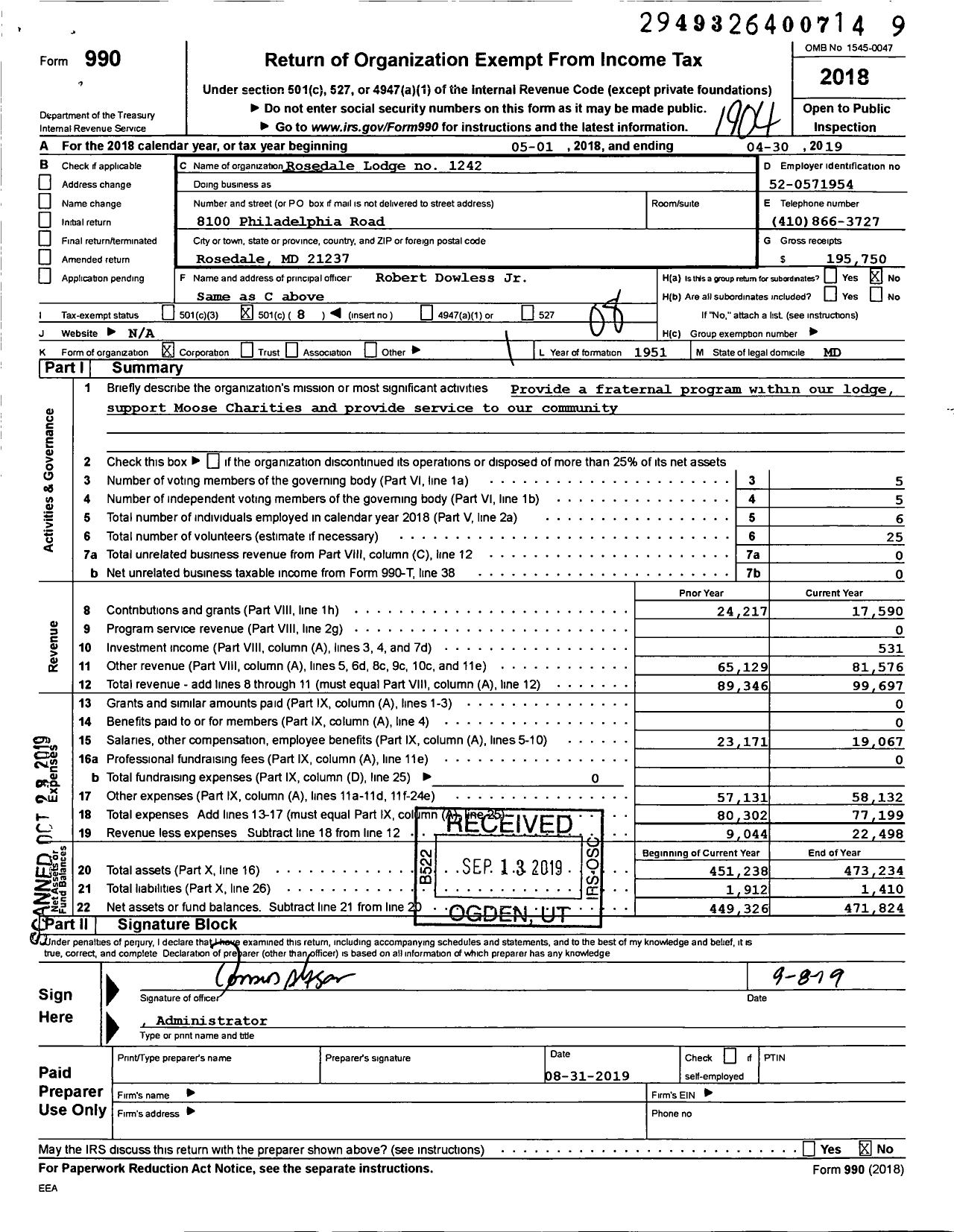 Image of first page of 2018 Form 990O for Loyal Order of Moose - 1242