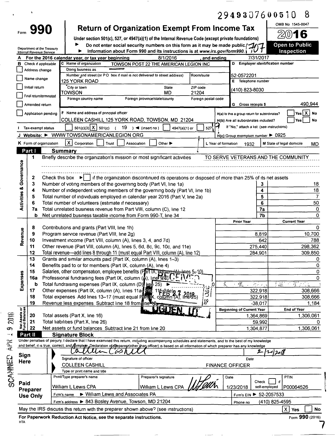 Image of first page of 2016 Form 990O for Towson Post 22 The American Legion