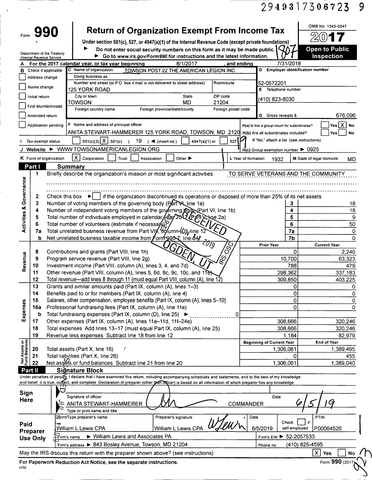 Image of first page of 2017 Form 990O for Towson Post 22 The American Legion
