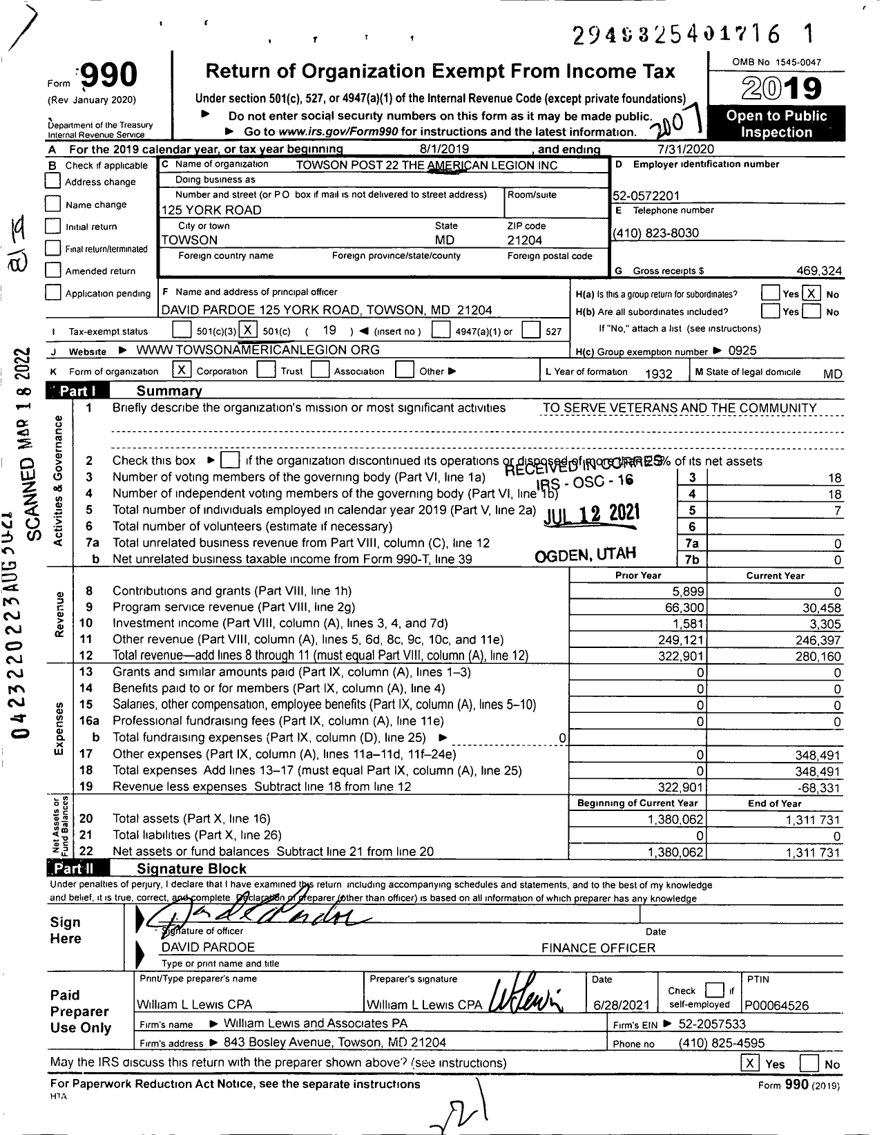 Image of first page of 2019 Form 990O for Towson Post 22 The American Legion