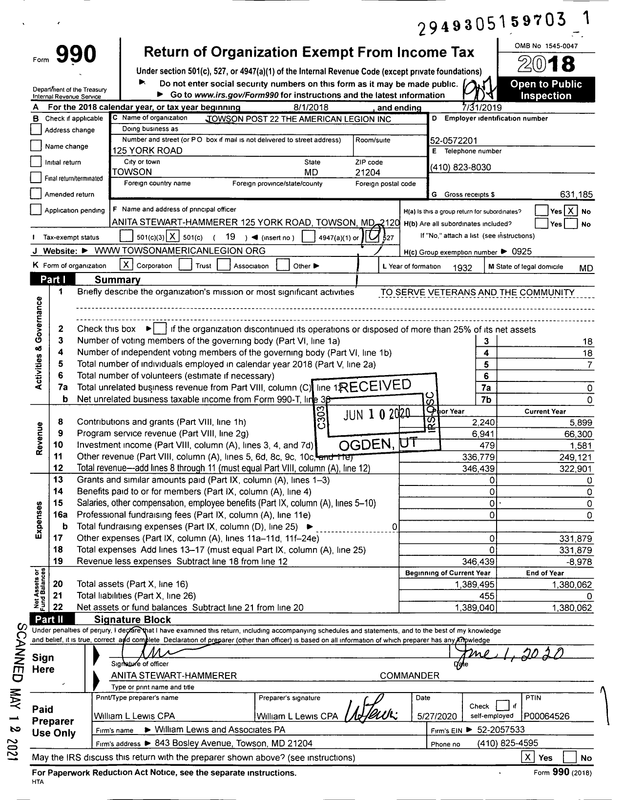 Image of first page of 2018 Form 990O for Towson Post 22 The American Legion