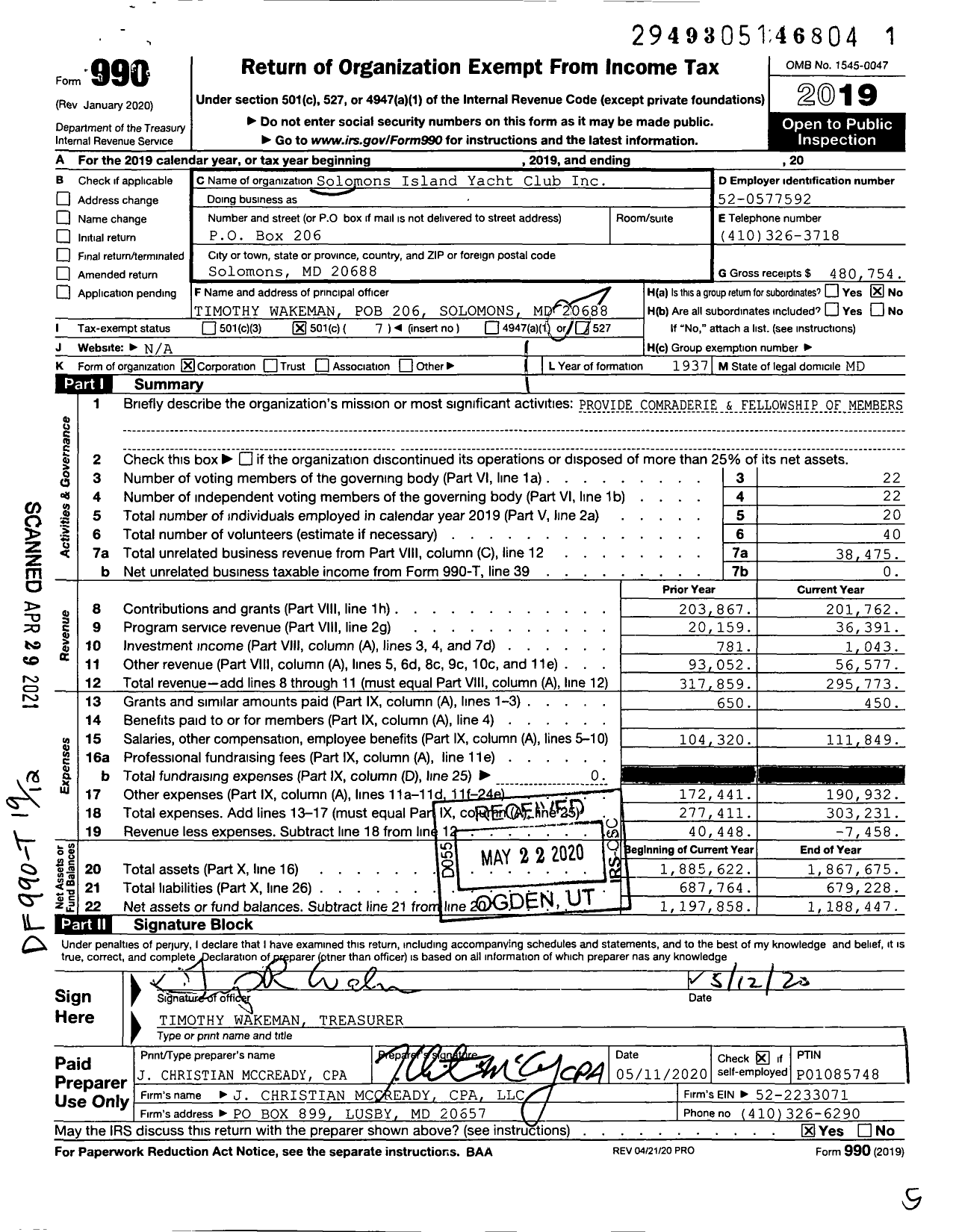 Image of first page of 2019 Form 990O for Solomons Island Yacht Club