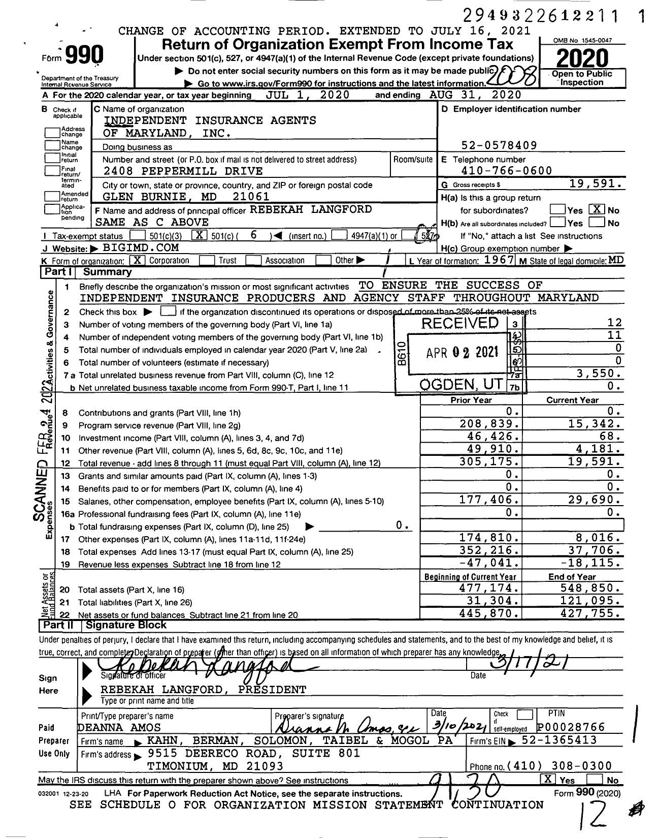 Image of first page of 2019 Form 990O for Independent Insurance Agents of Maryland