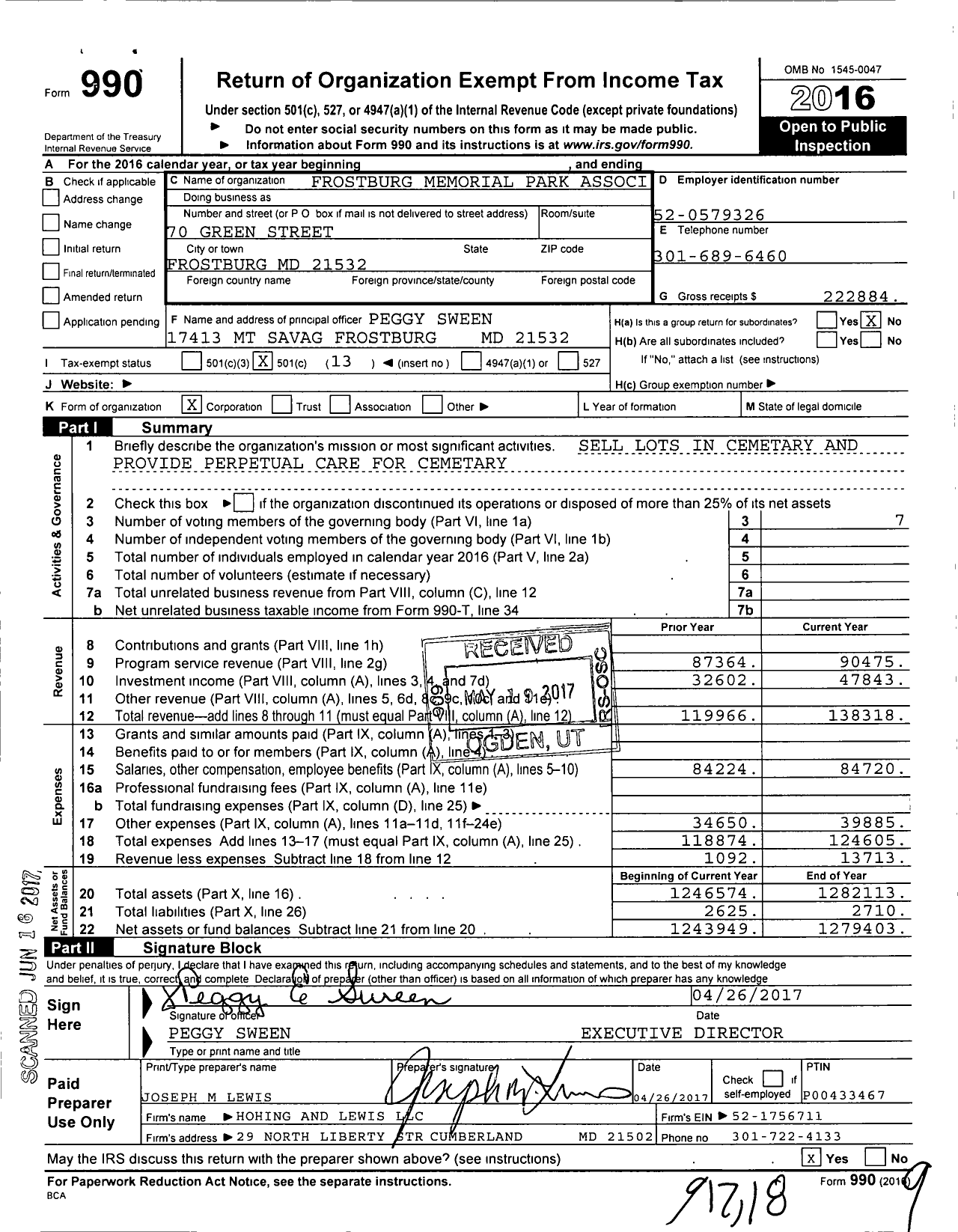 Image of first page of 2016 Form 990O for Frostburg Memorial Park Association