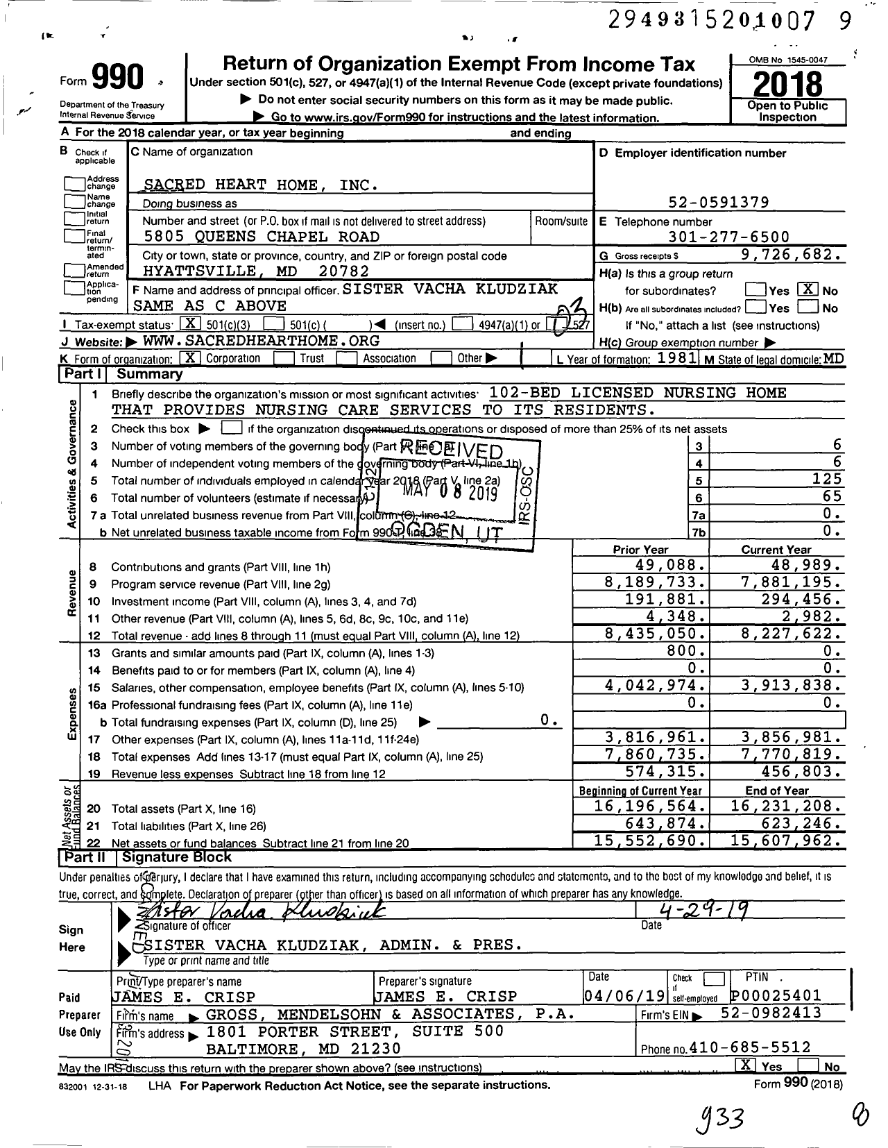 Image of first page of 2018 Form 990 for Sacred Heart Home