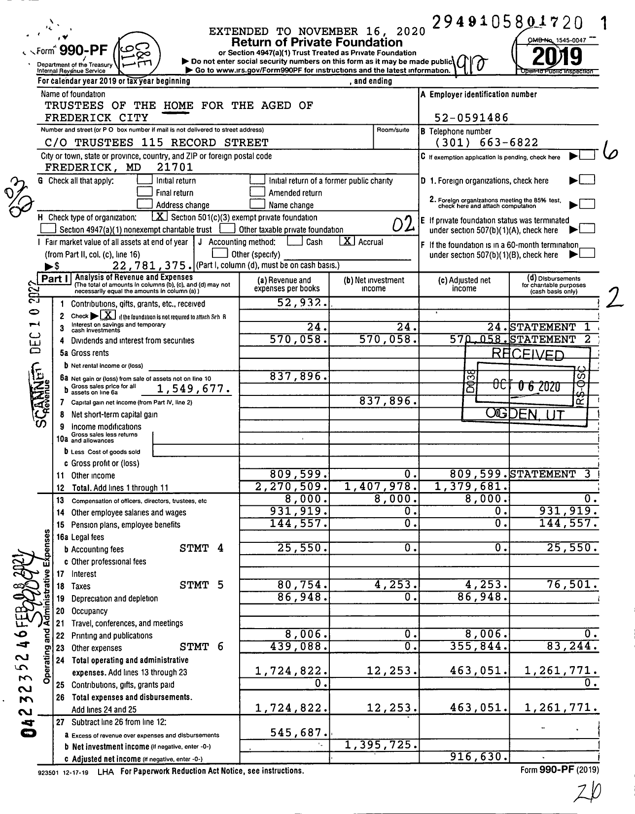 Image of first page of 2019 Form 990PF for Trustees of the Home for the Aged of Frederick City