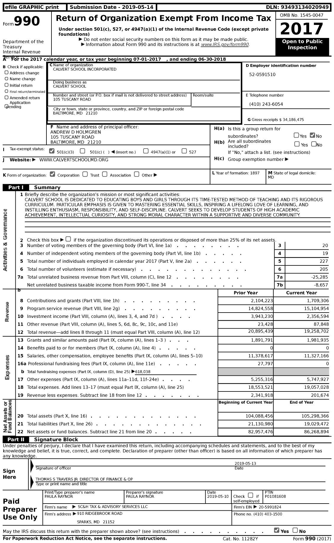 Image of first page of 2017 Form 990 for Calvert School
