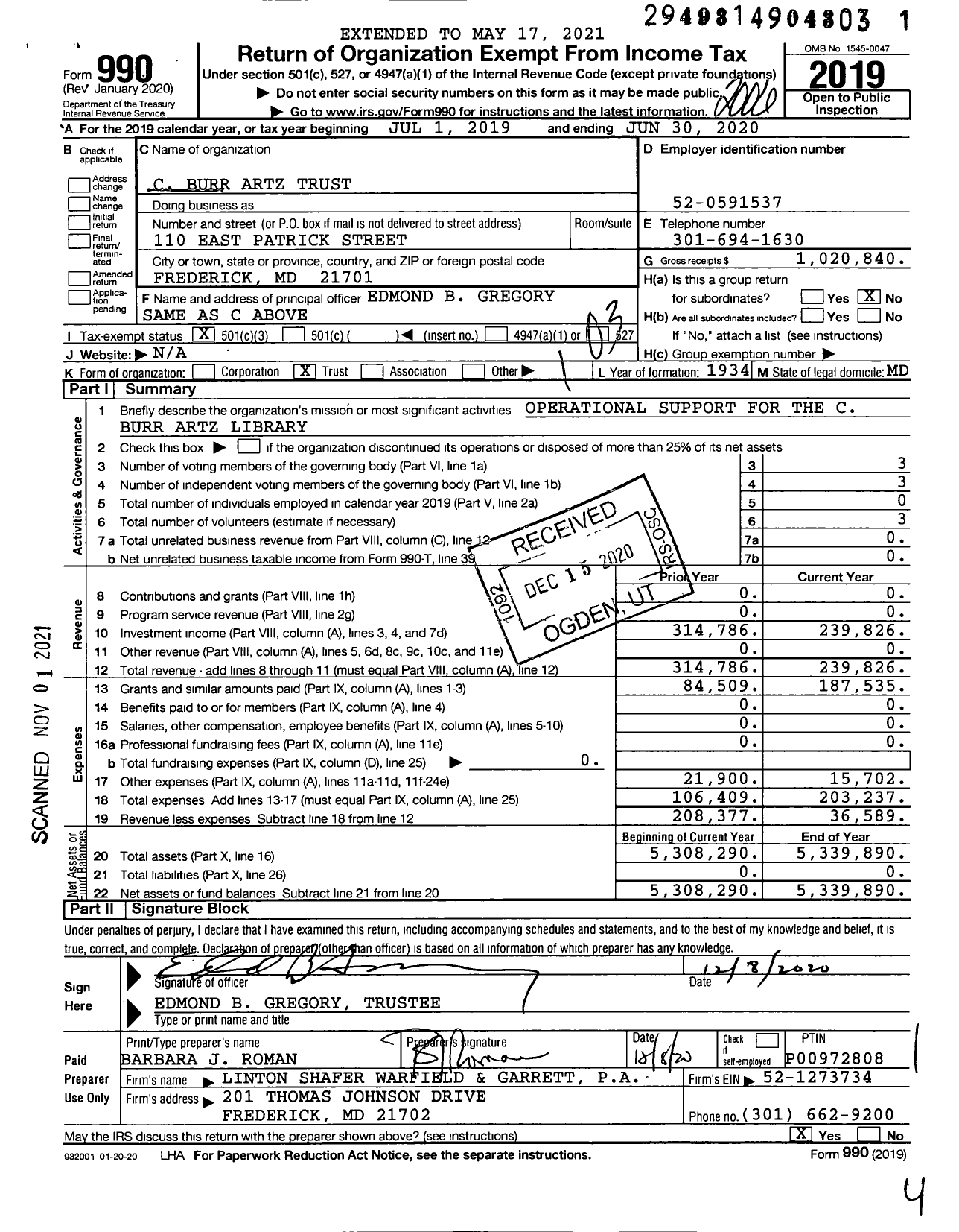 Image of first page of 2019 Form 990 for C. Burr Artz Trust