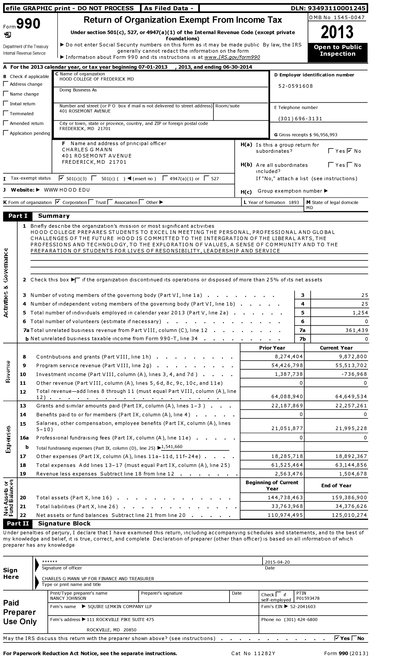 Image of first page of 2013 Form 990 for Hood College