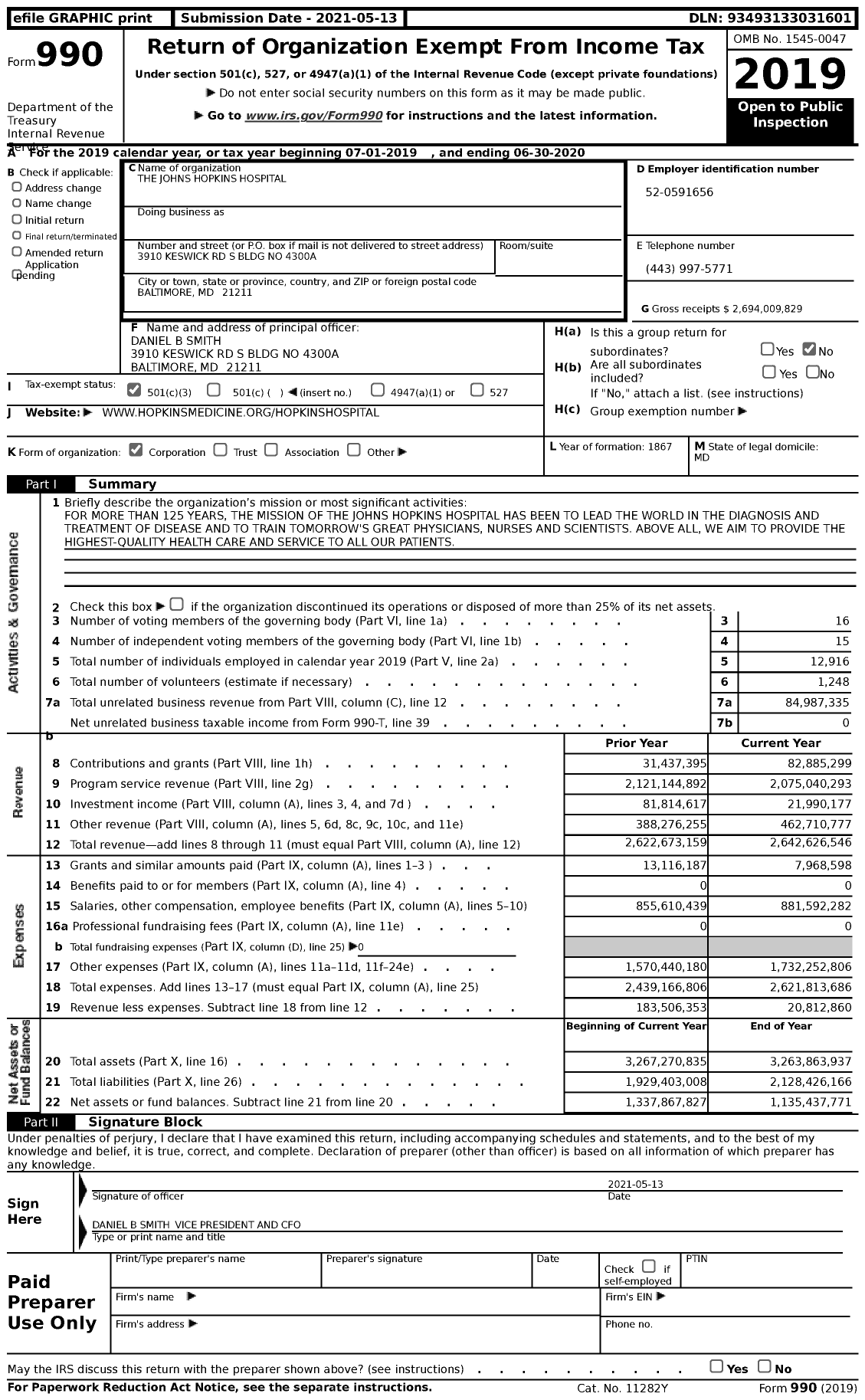 Image of first page of 2019 Form 990 for The Johns Hopkins Hospital (JHH)