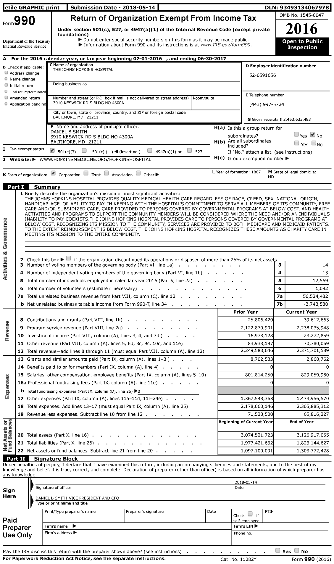 Image of first page of 2016 Form 990 for The Johns Hopkins Hospital (JHH)