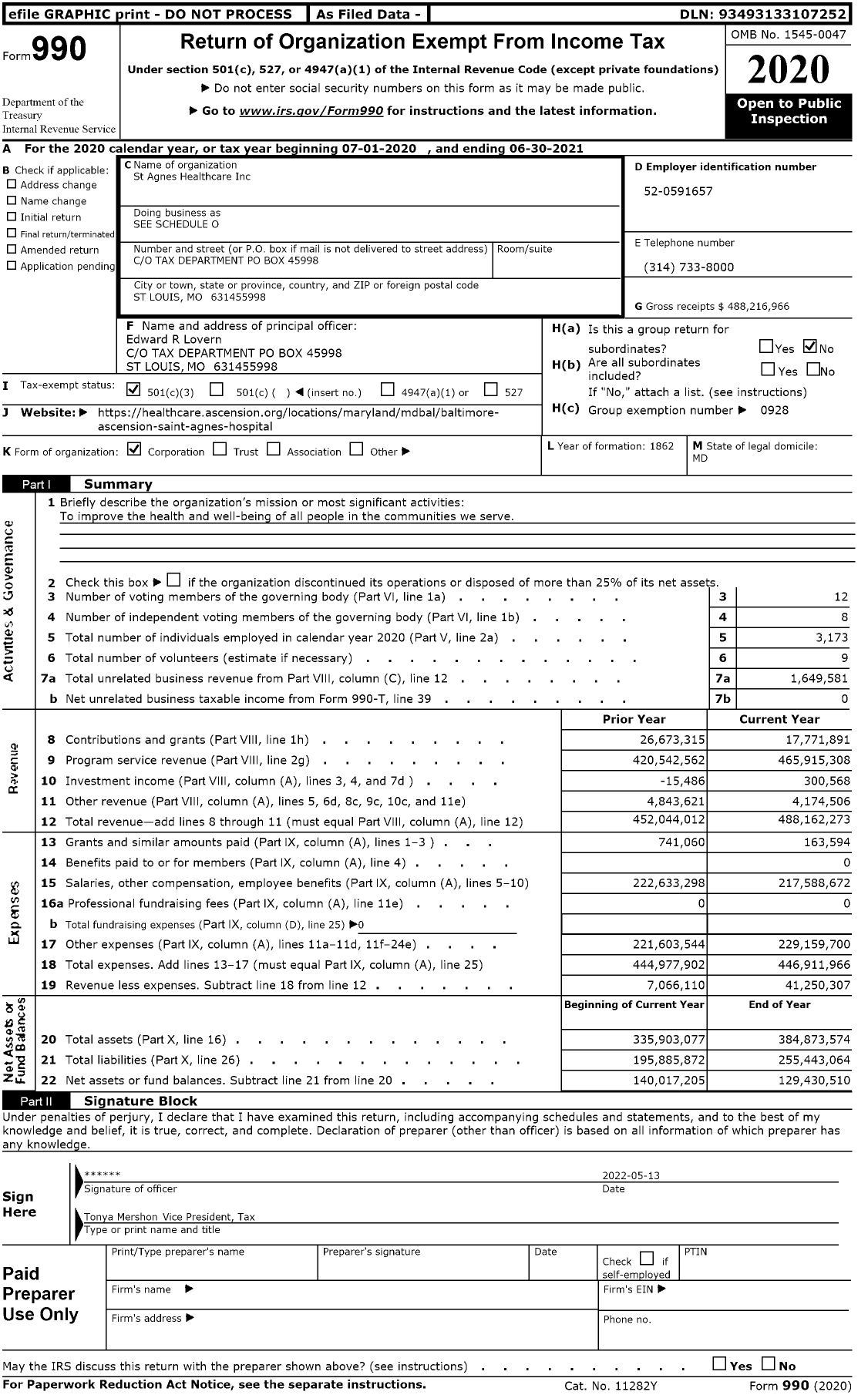 Image of first page of 2020 Form 990 for Saint Agnes Hospital