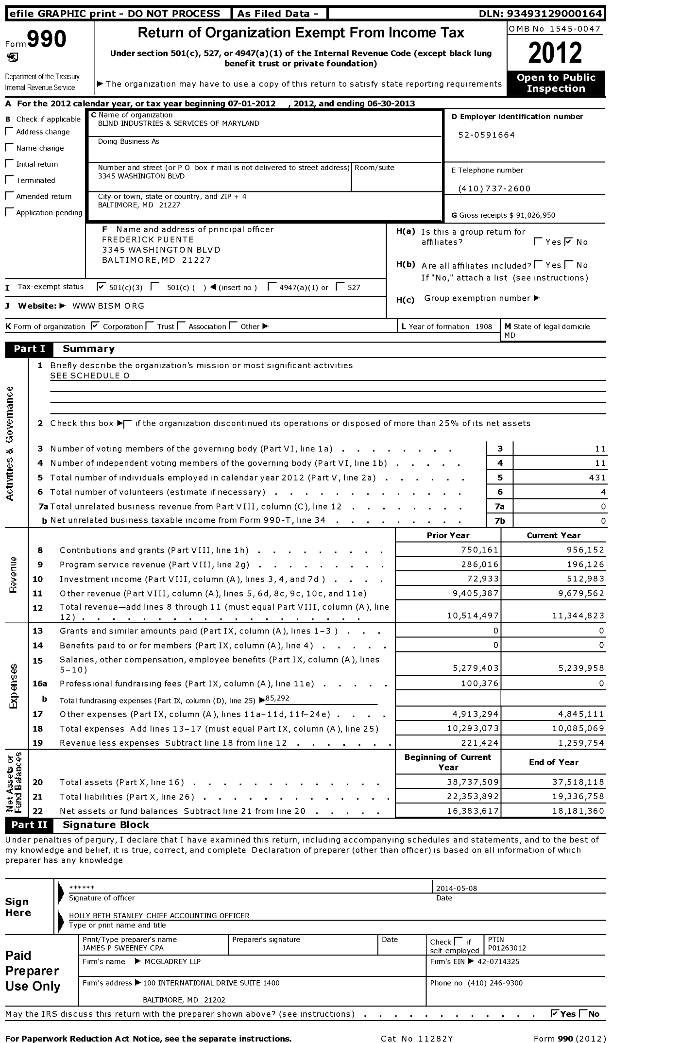 Image of first page of 2012 Form 990 for Blind Industries & Services of Maryland (BISM)