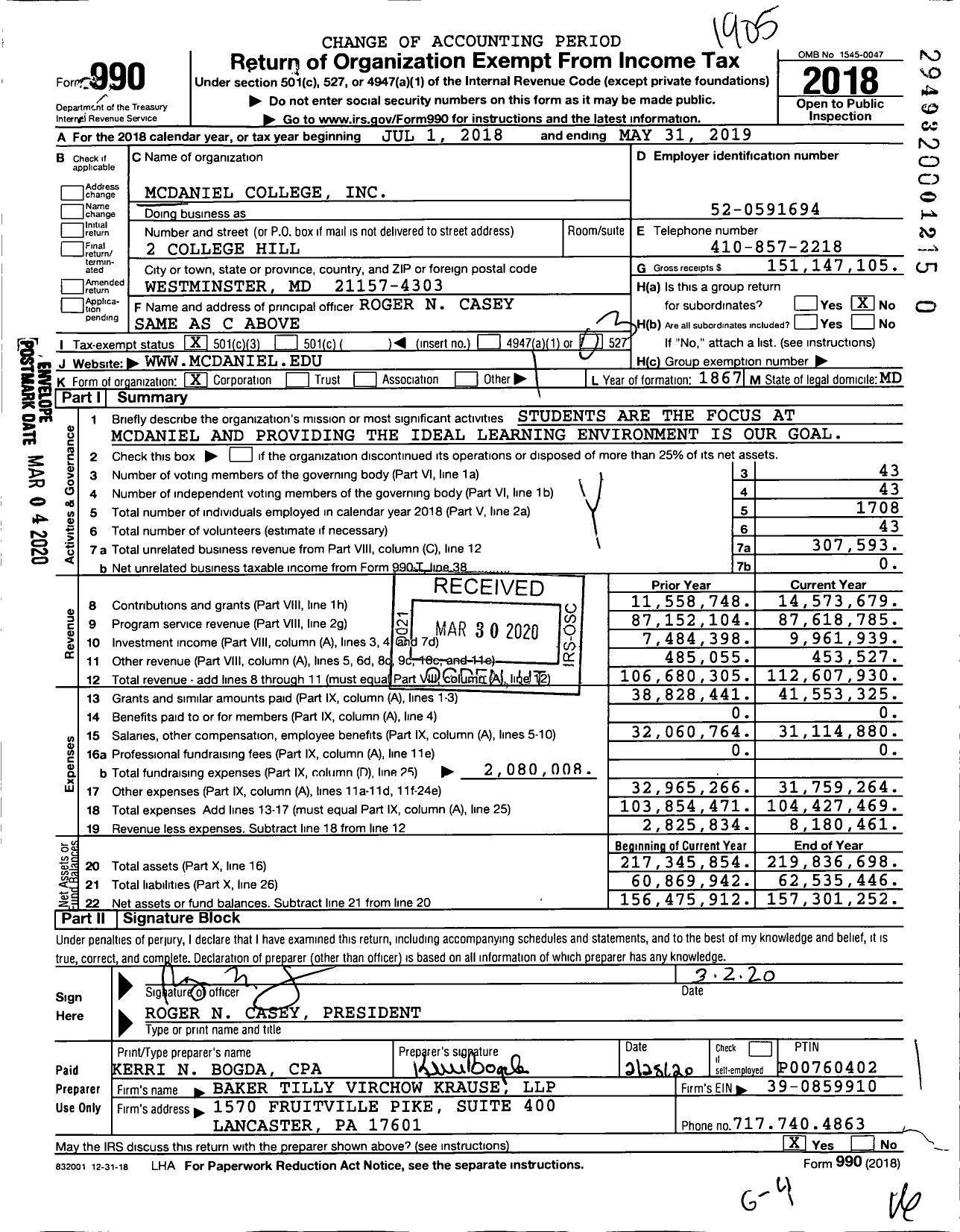 Image of first page of 2018 Form 990 for McDaniel College