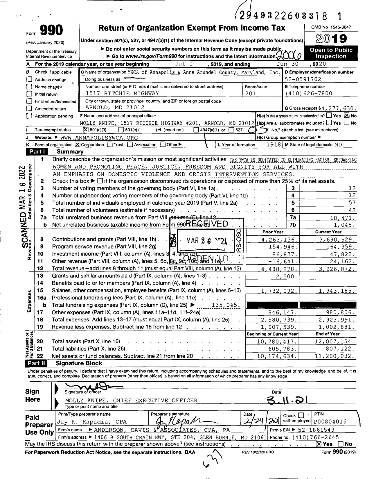 Image of first page of 2019 Form 990 for YWCA of Annapolis and Anne Arundel County Maryland