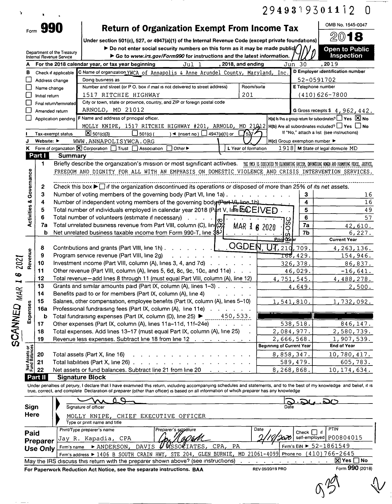 Image of first page of 2018 Form 990 for YWCA of Annapolis and Anne Arundel County Maryland