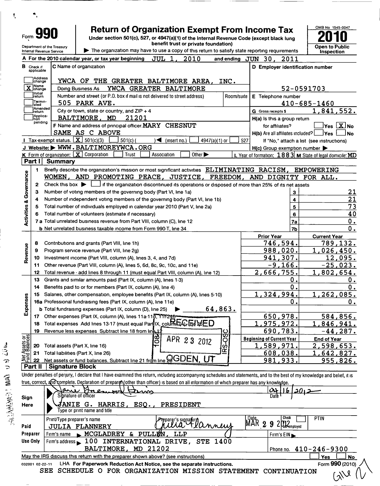 Image of first page of 2010 Form 990 for Ywca of the Greater Baltimore Area