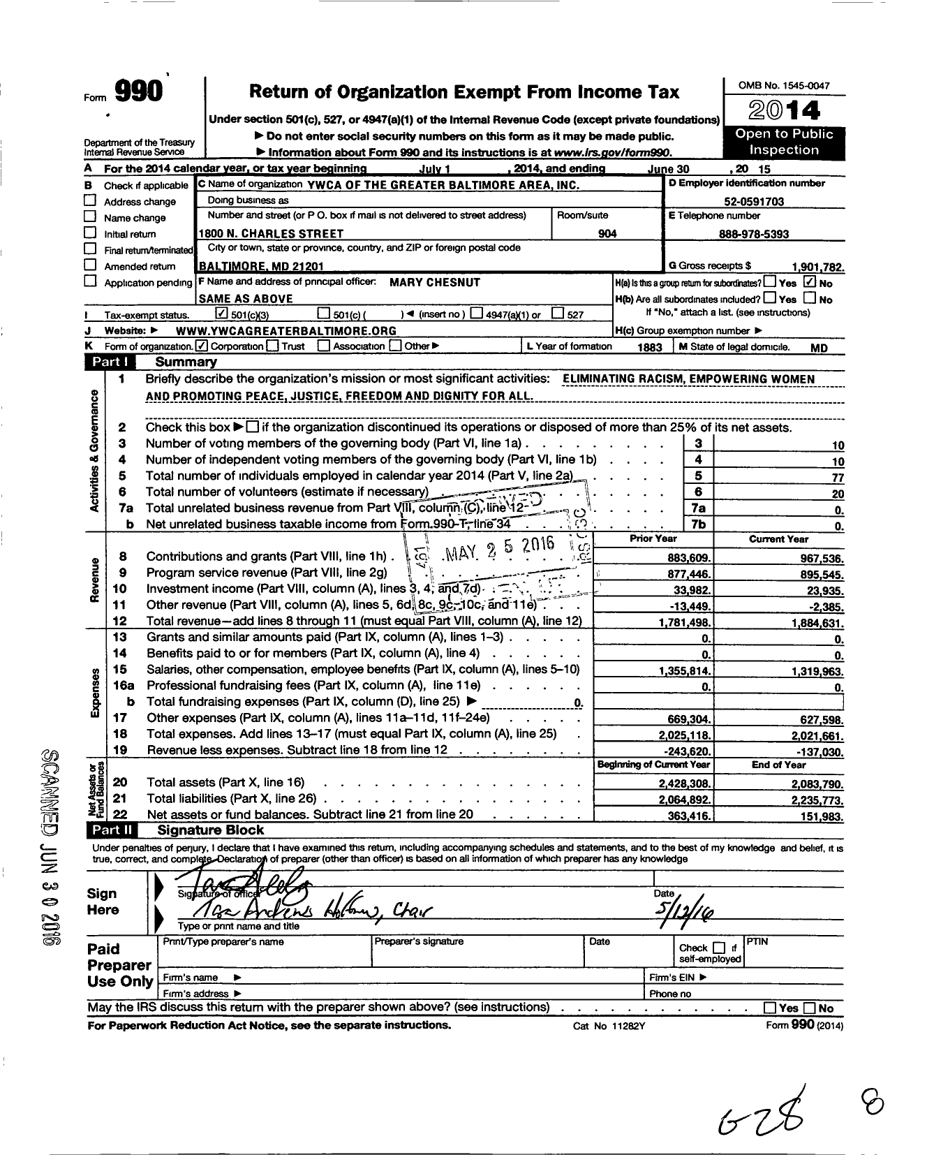 Image of first page of 2014 Form 990 for Ywca of the Greater Baltimore Area