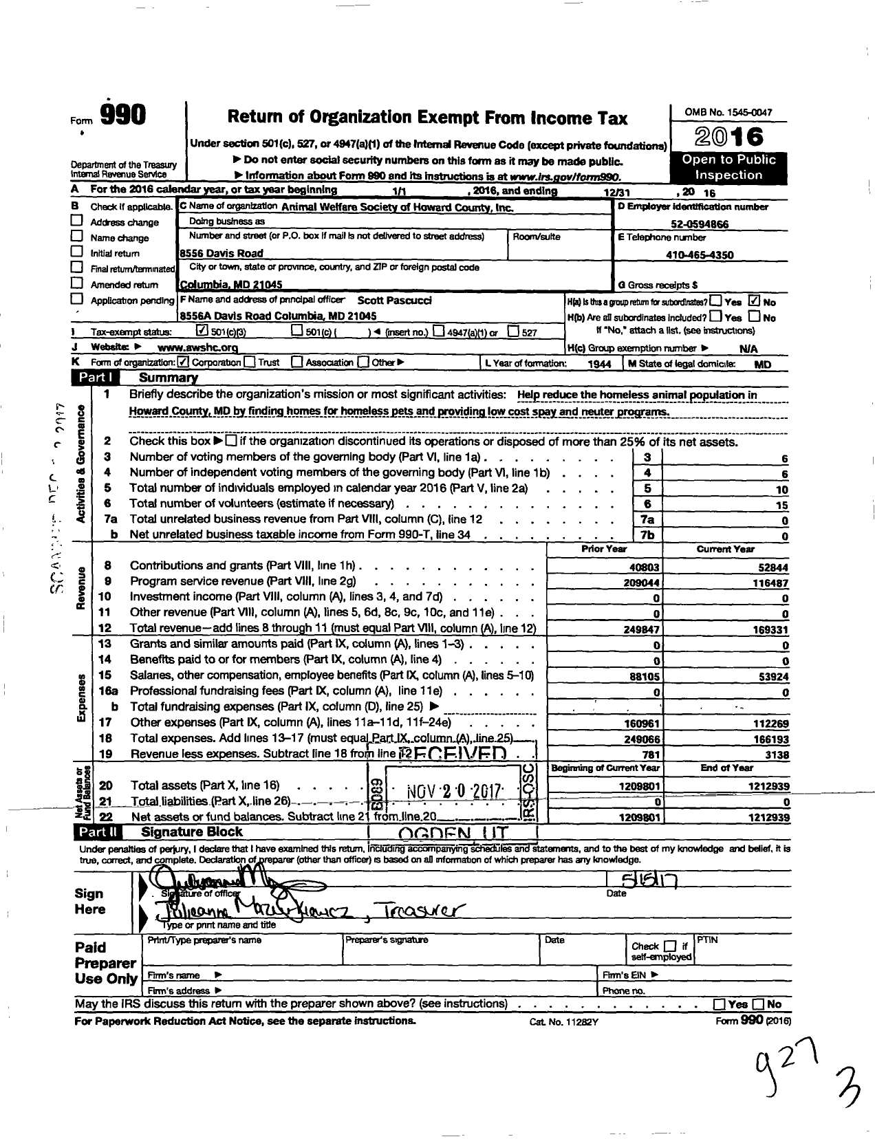 Image of first page of 2016 Form 990 for Animal Welfare Society of Howard County