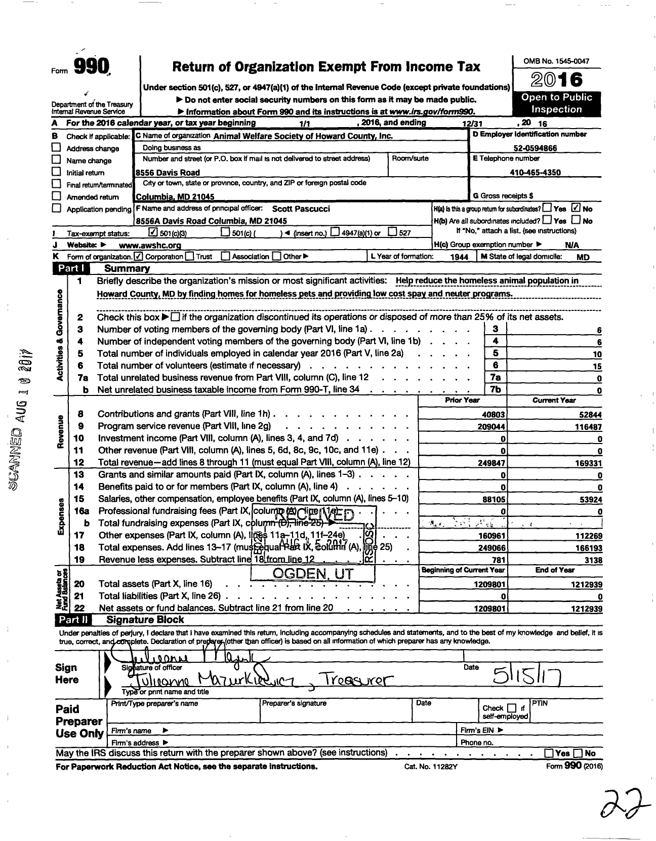 Image of first page of 2016 Form 990 for Animal Welfare Society of Howard County