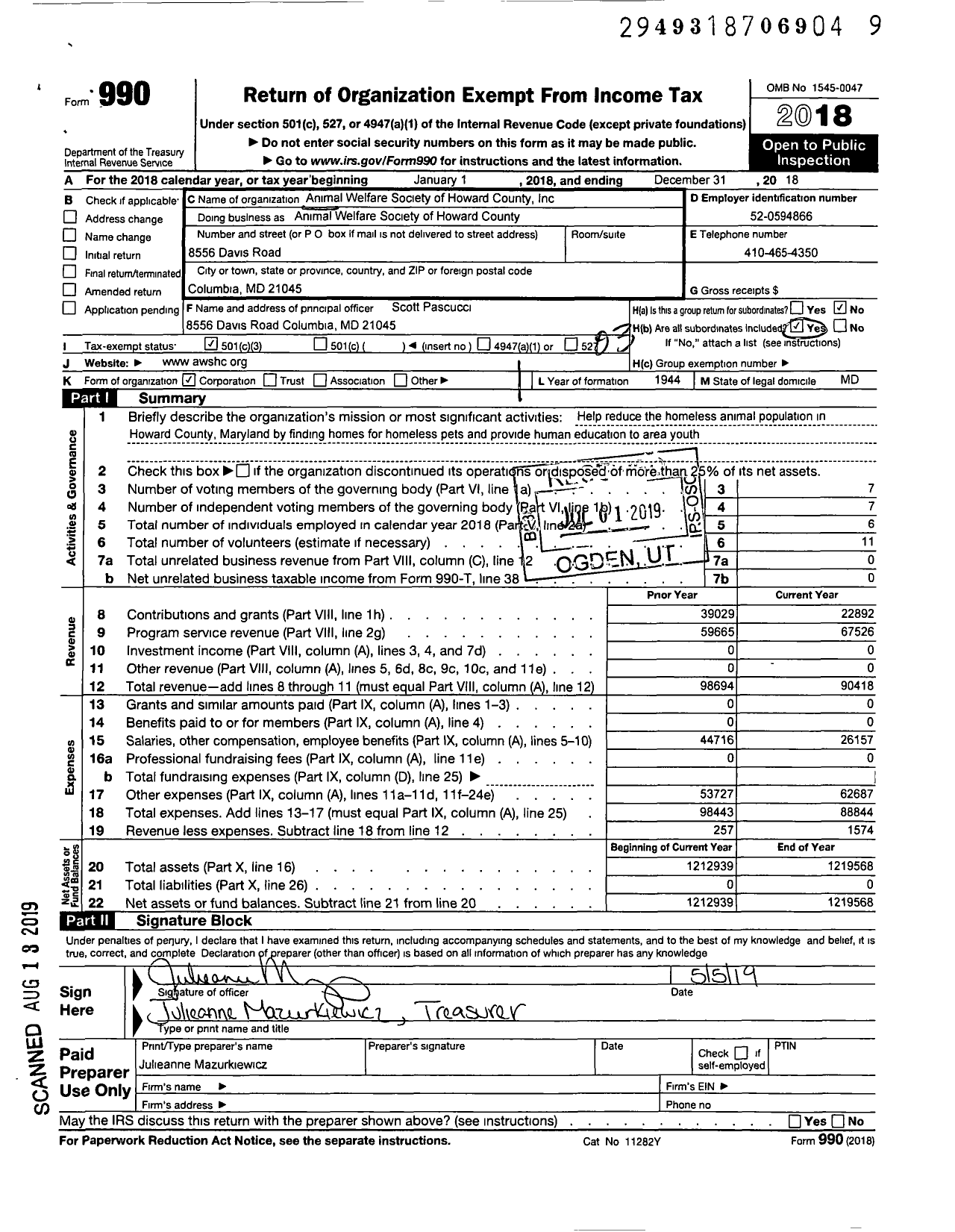 Image of first page of 2018 Form 990 for Animal Welfare Society of Howard County