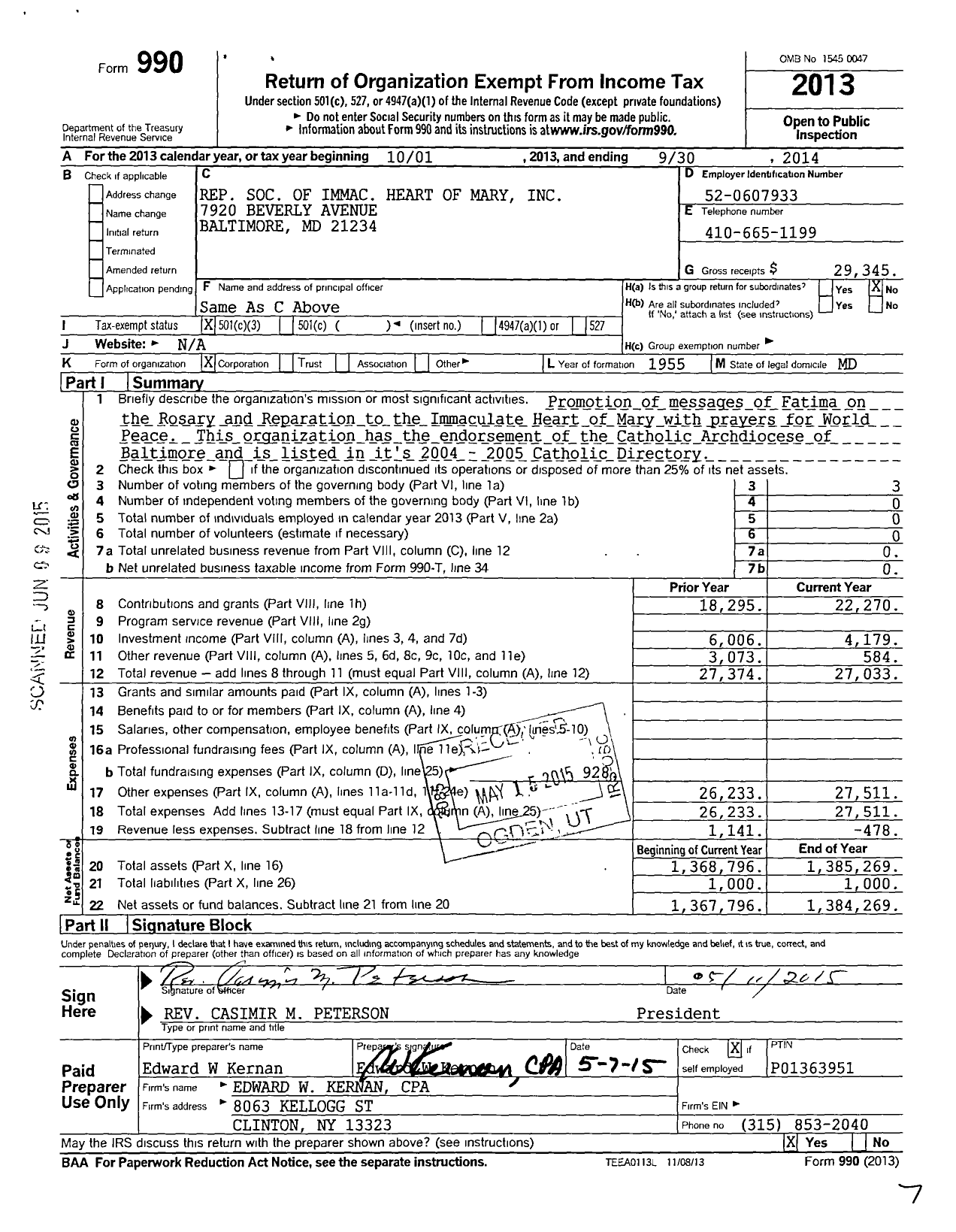 Image of first page of 2013 Form 990 for Reparation Society of the Immaculate Heart of Mary