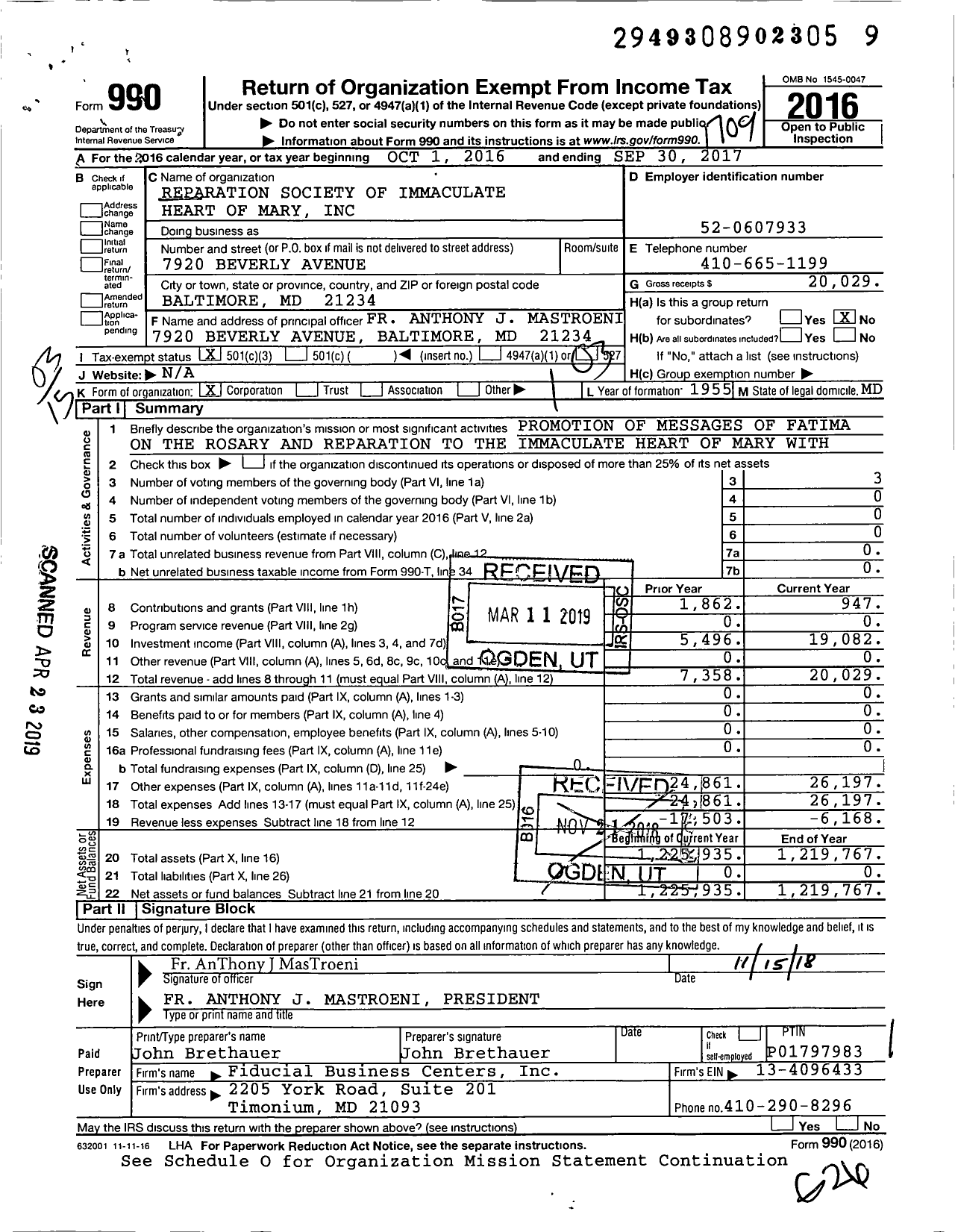 Image of first page of 2016 Form 990 for Reparation Society of the Immaculate Heart of Mary