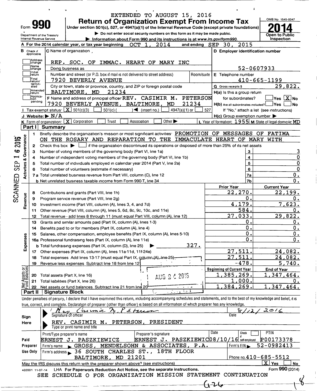 Image of first page of 2014 Form 990 for Reparation Society of the Immaculate Heart of Mary