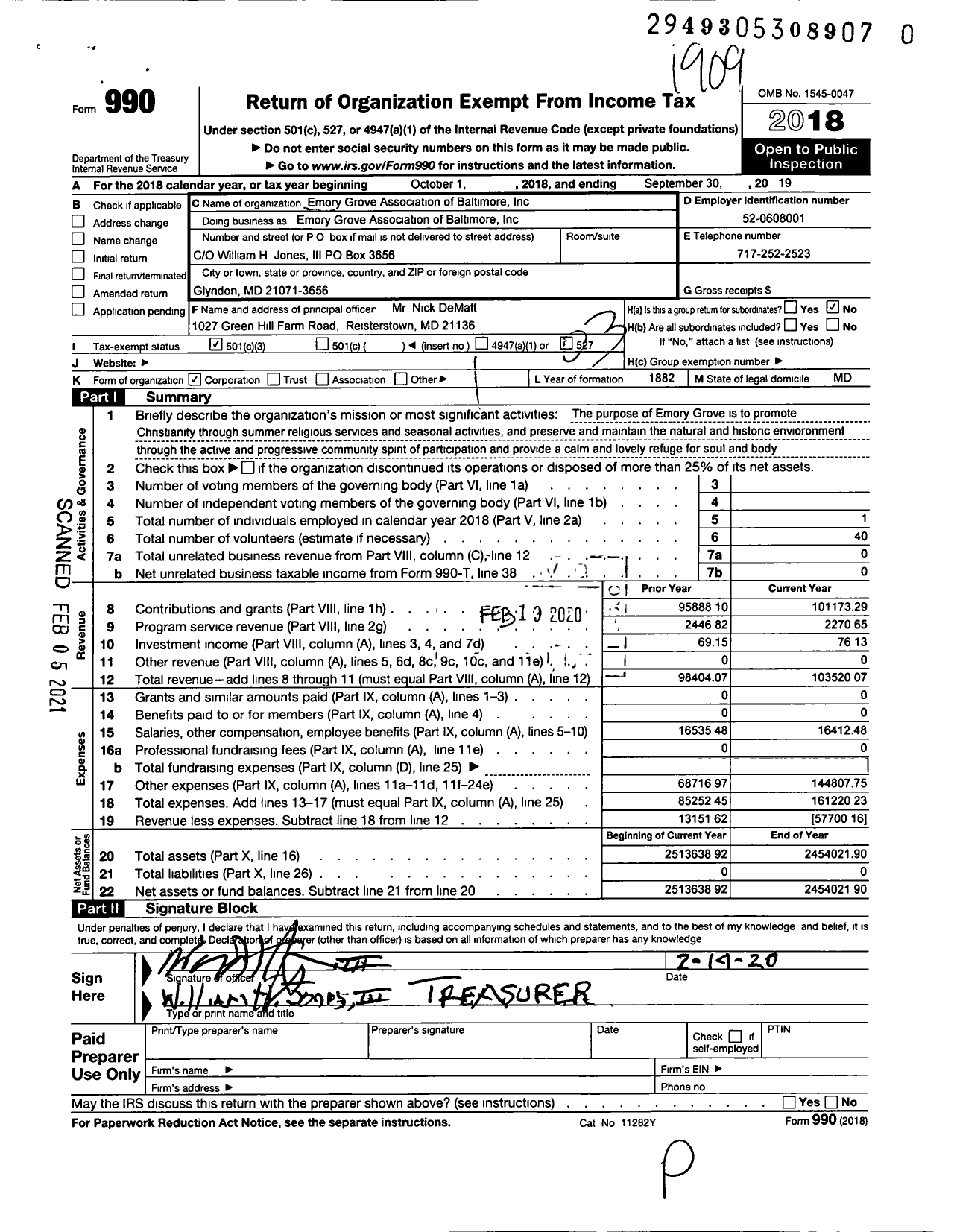 Image of first page of 2018 Form 990 for Emory Grove Association of Baltimore