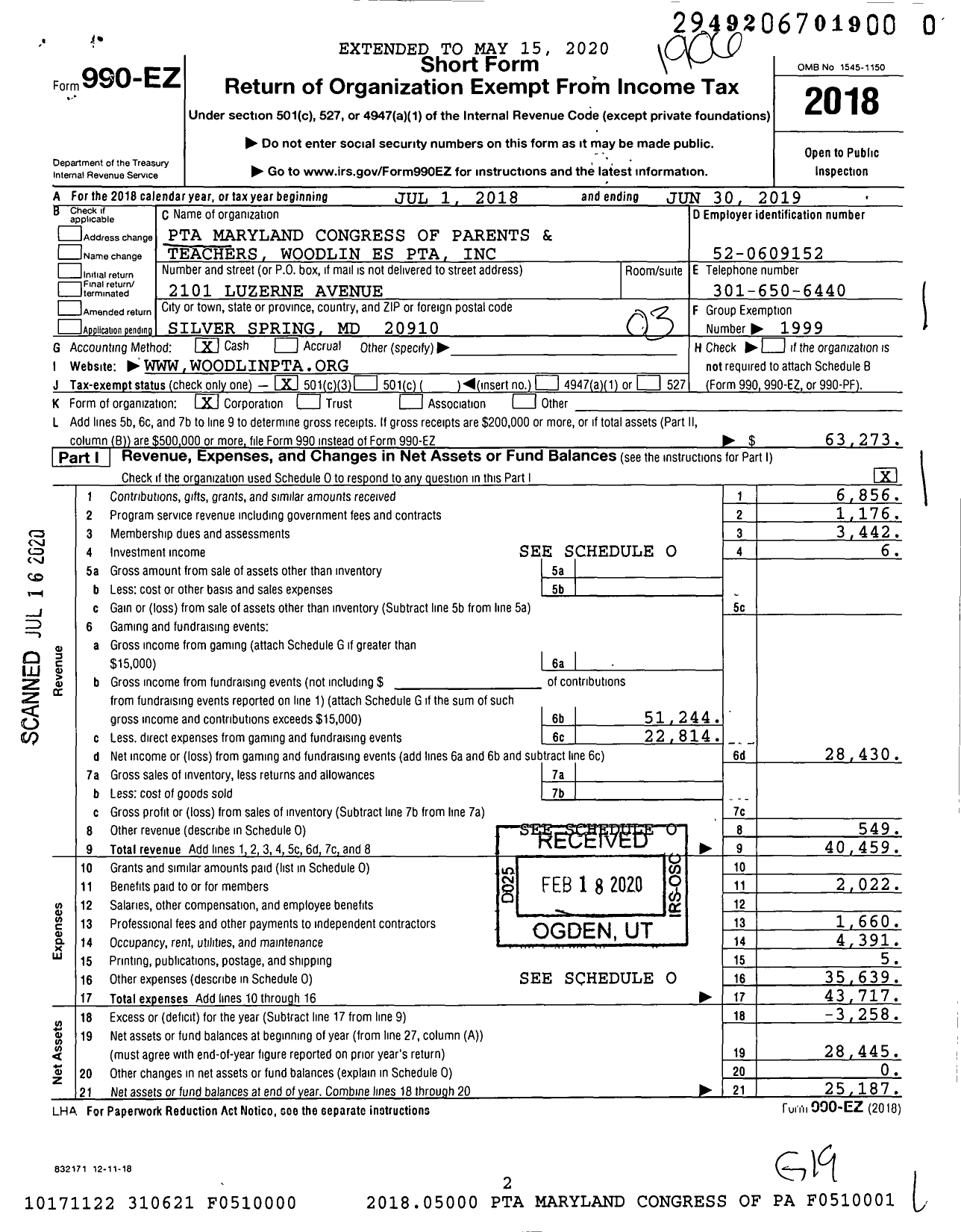 Image of first page of 2018 Form 990EZ for PTA Maryland Congress of Parents and Teachers Woodlin Es PTA