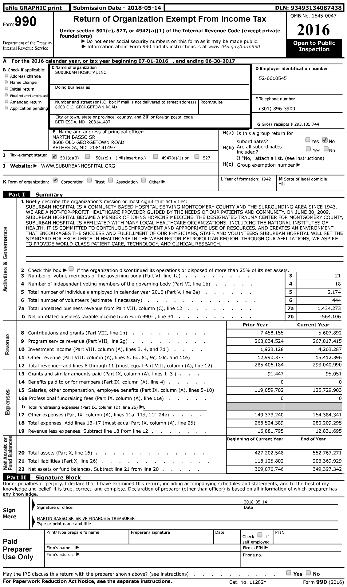 Image of first page of 2016 Form 990 for Suburban Hospital