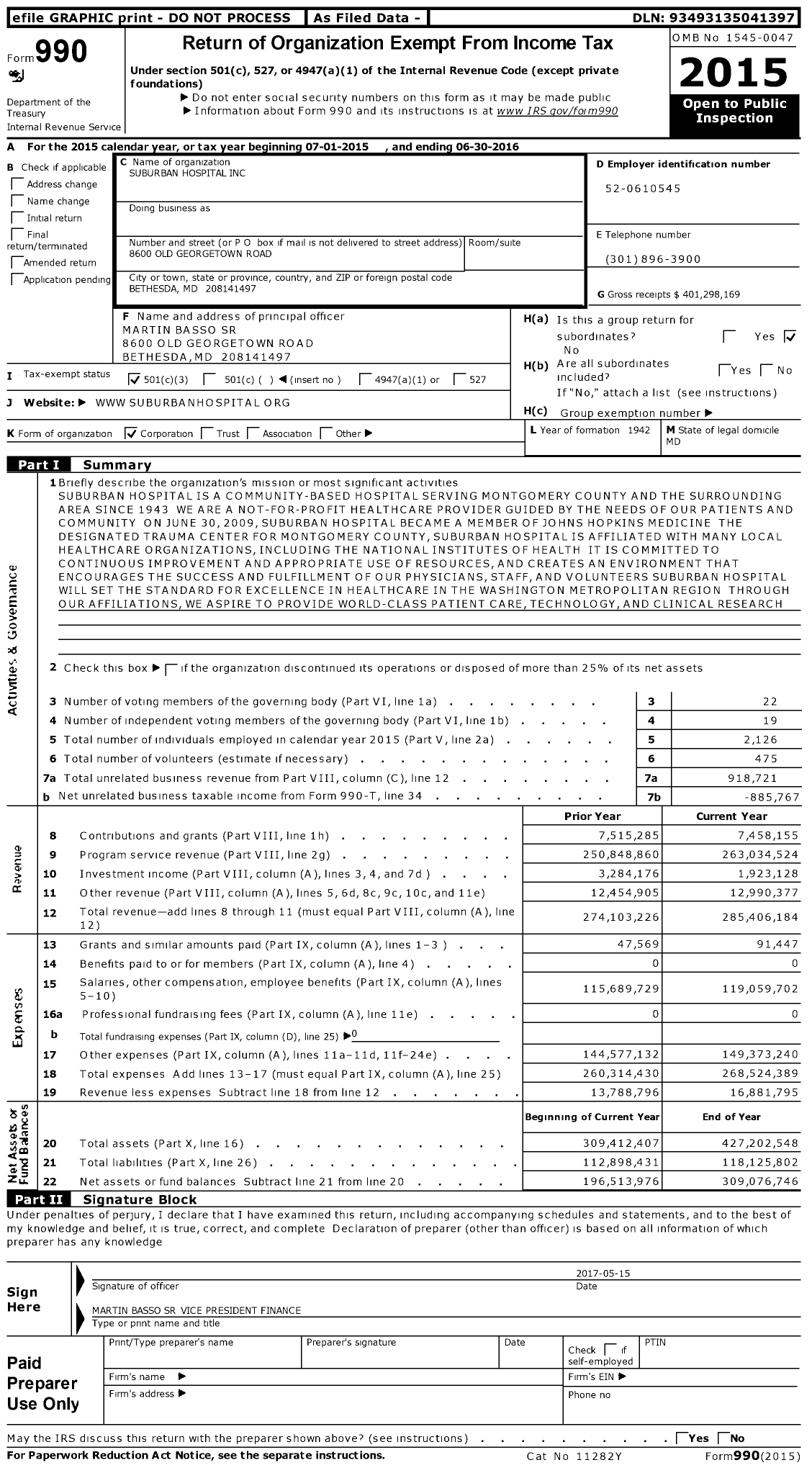 Image of first page of 2015 Form 990 for Suburban Hospital