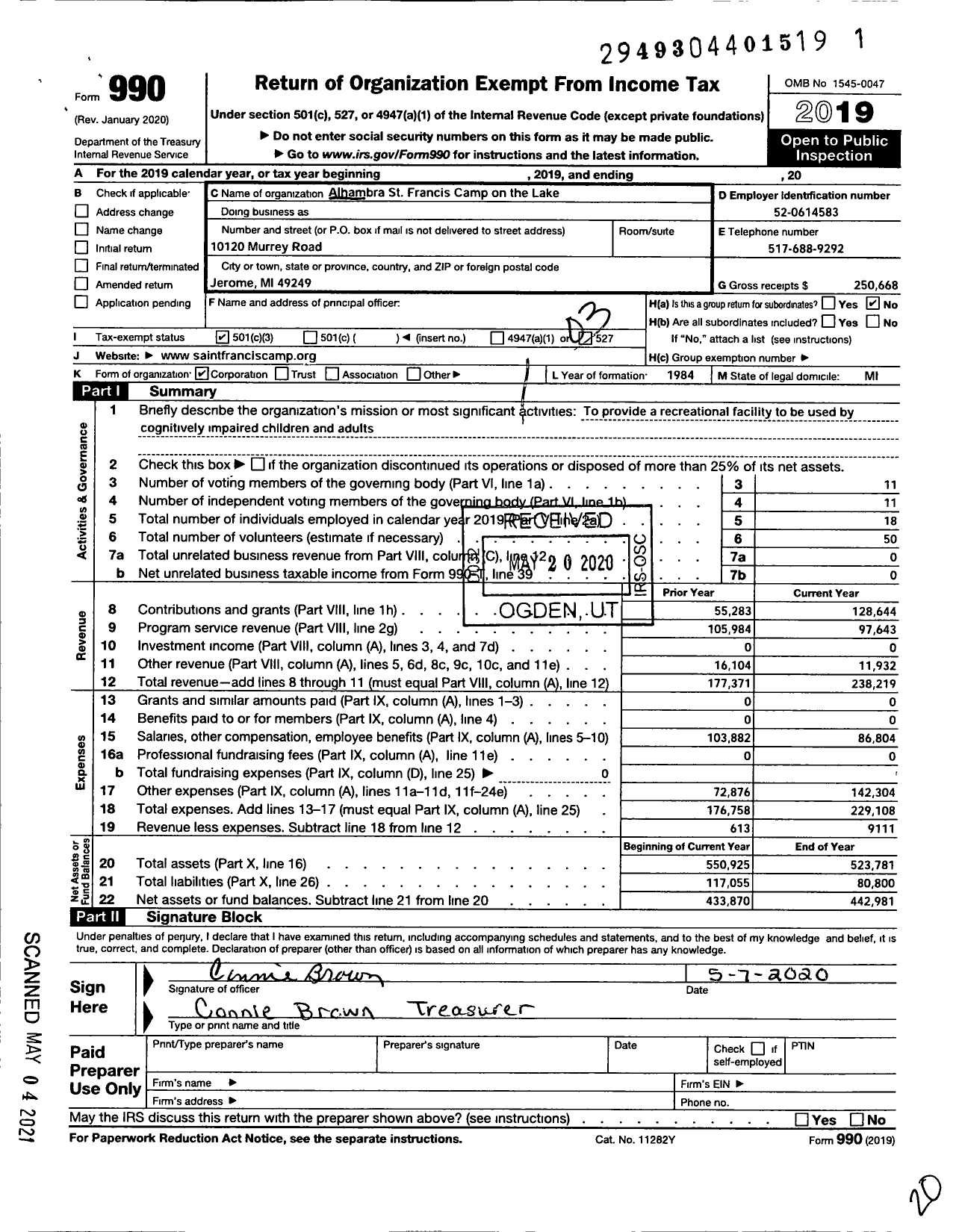 Image of first page of 2019 Form 990 for Alhambra St Francis Camp on the Lake