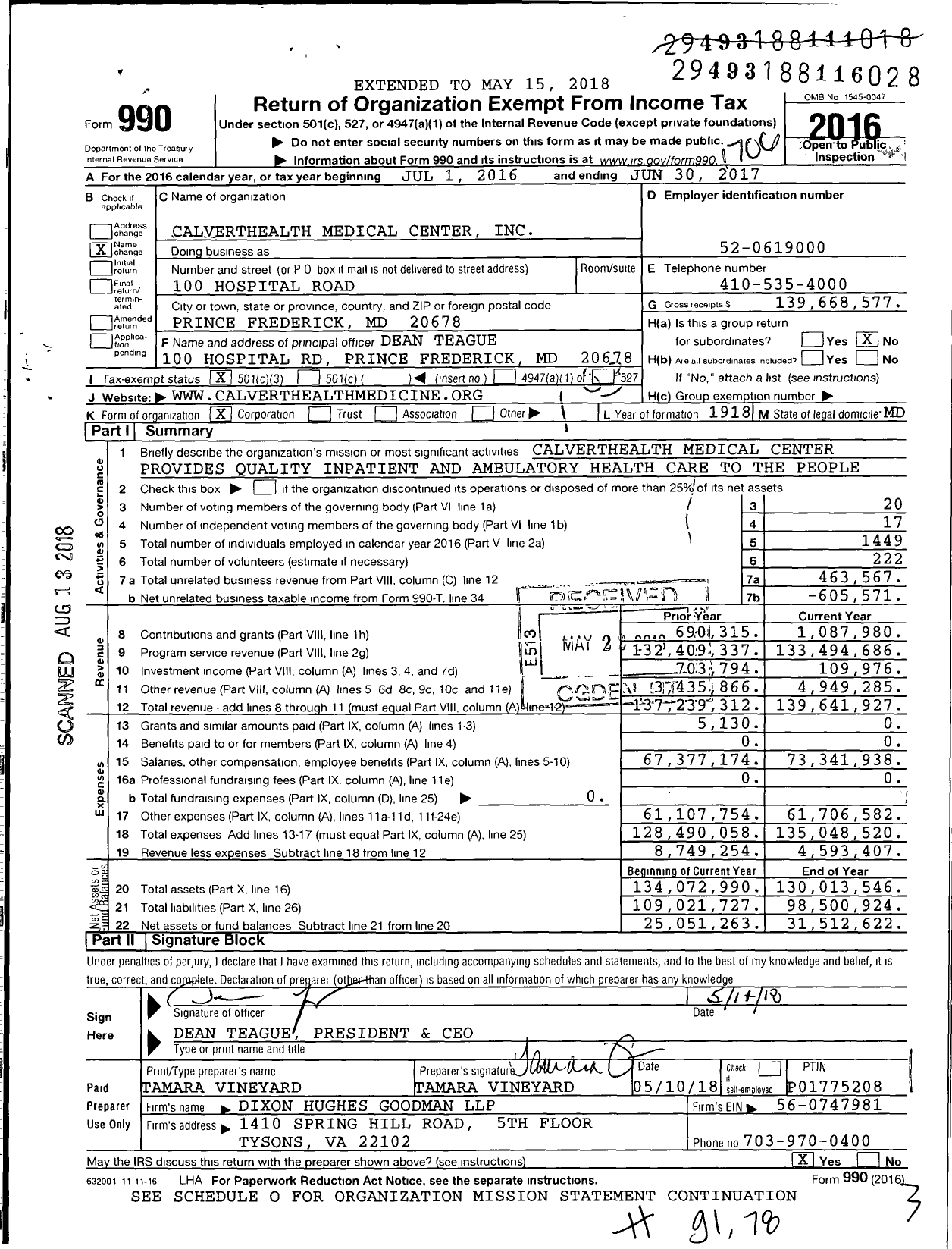 Image of first page of 2016 Form 990 for CalvertHealth Medical Center