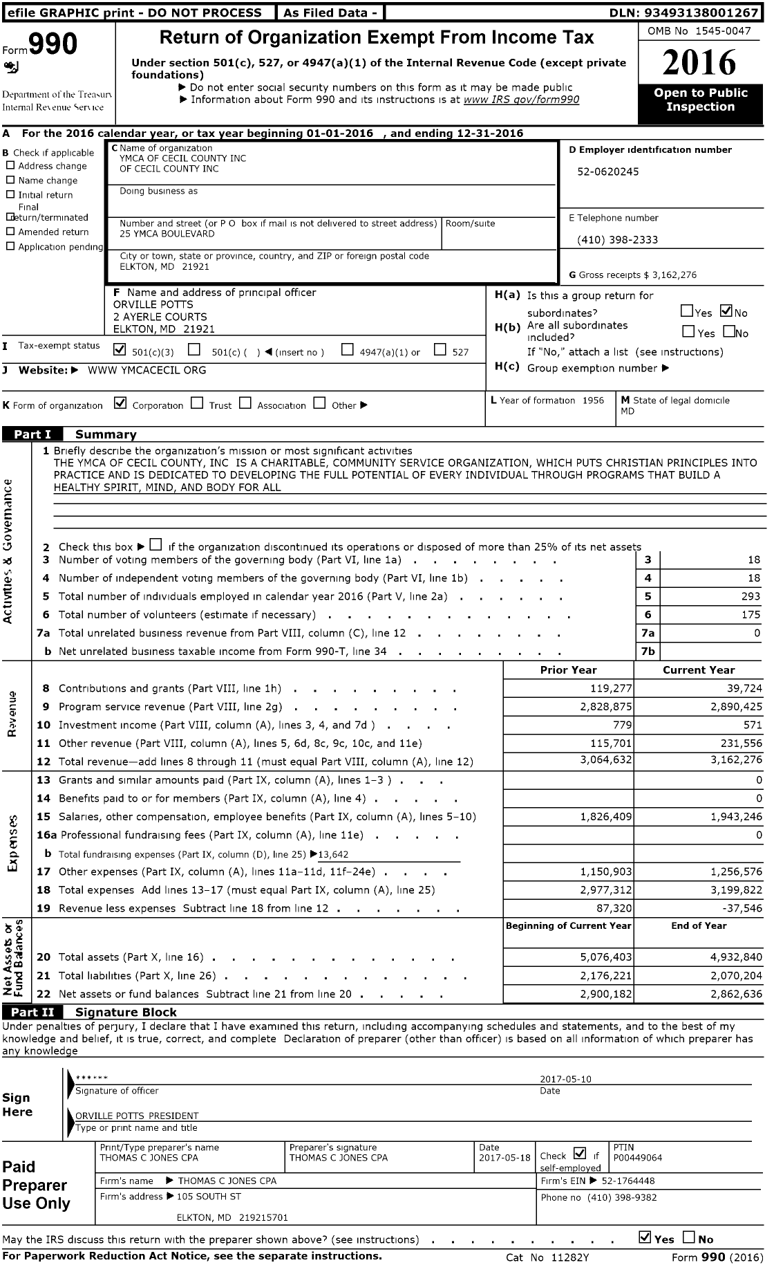 Image of first page of 2016 Form 990 for YMCA of Cecil County