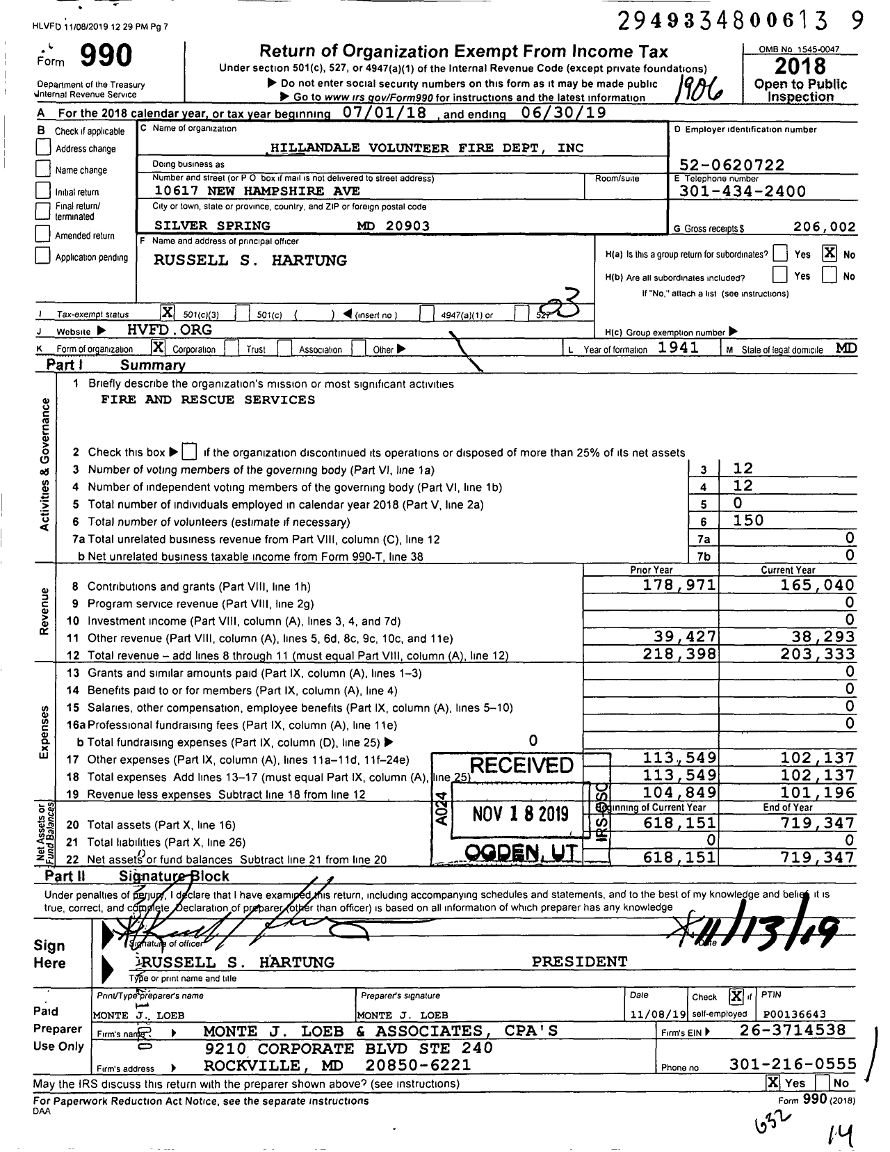 Image of first page of 2018 Form 990 for Hillandale Volunteer Fire Dept